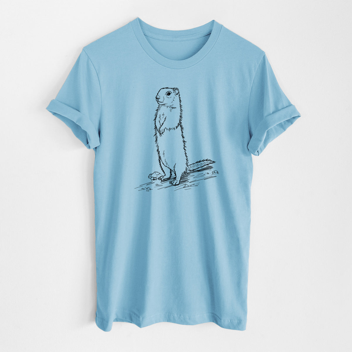 Ocean blue lightweight cotton t-shirt laid flat, printed with a detailed black ink illustration of a Belding's ground squirrel standing upright.