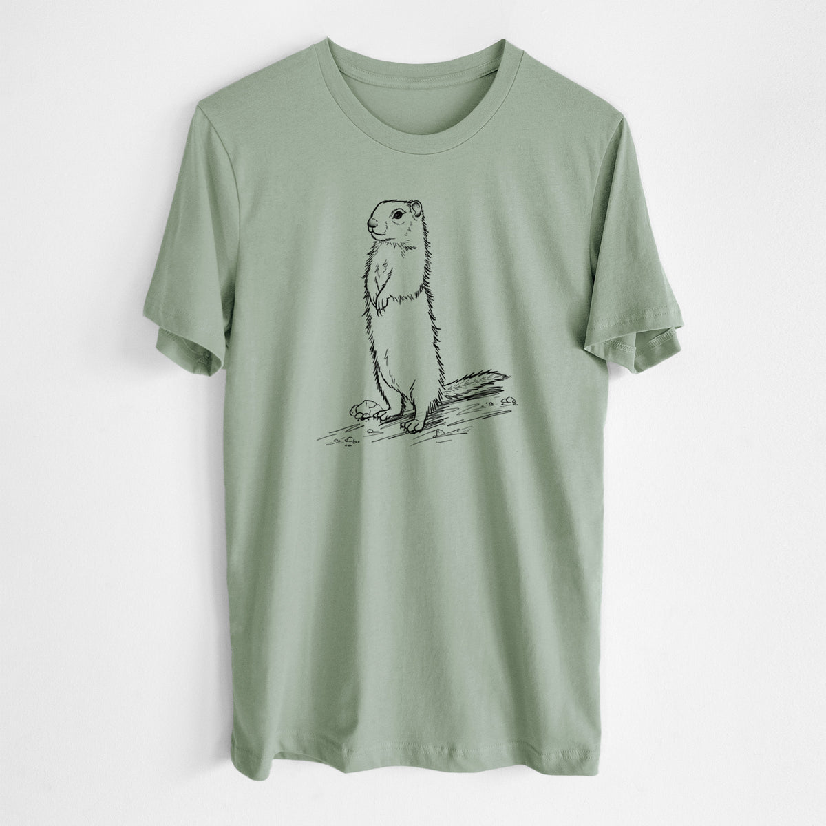 Sage green lightweight cotton t-shirt laid flat, printed with a detailed black ink illustration of a Belding's ground squirrel standing upright.