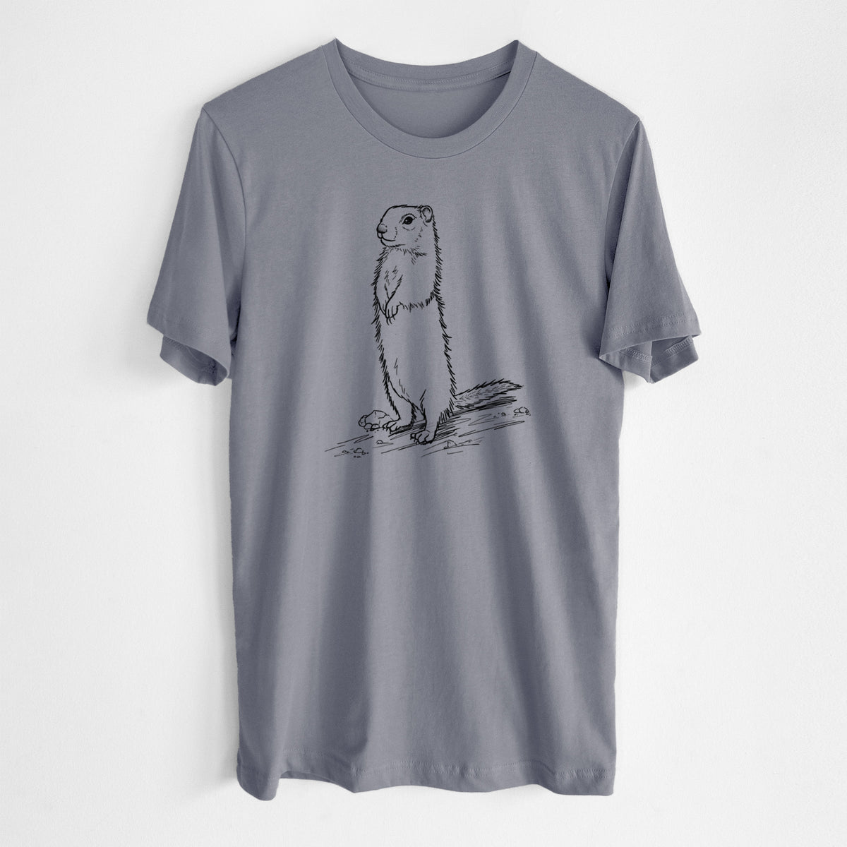 Storm grey lightweight cotton t-shirt laid flat, printed with a detailed black ink illustration of a Belding's ground squirrel standing upright.