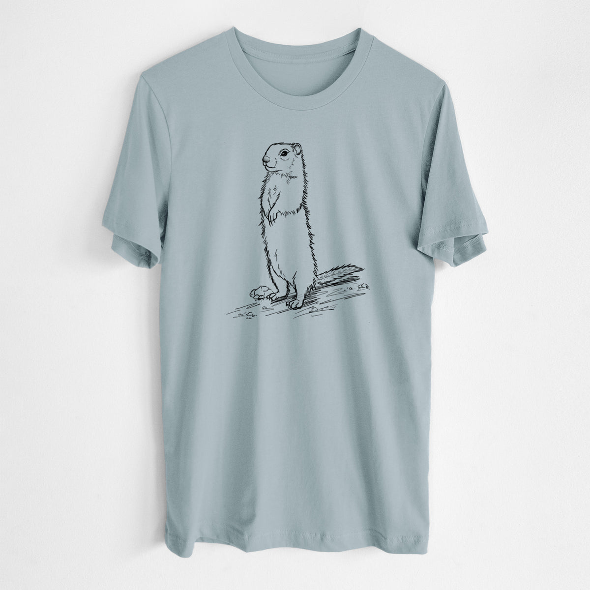 Vintage denim lightweight cotton t-shirt laid flat, printed with a detailed black ink illustration of a Belding's ground squirrel standing upright.