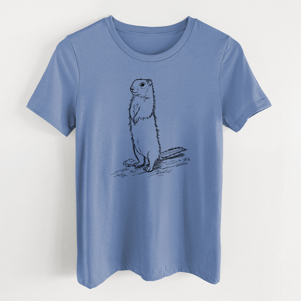 Blue bell women's relaxed fit cotton t-shirt laid flat, printed with a detailed black ink illustration of a Belding's ground squirrel standing upright.