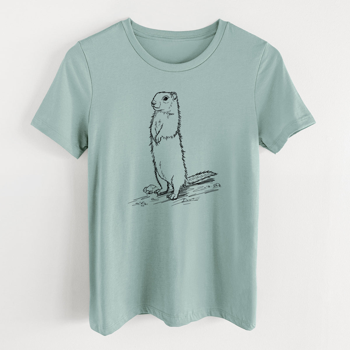 Dusty blue women's relaxed fit cotton t-shirt laid flat, printed with a detailed black ink illustration of a Belding's ground squirrel standing upright.