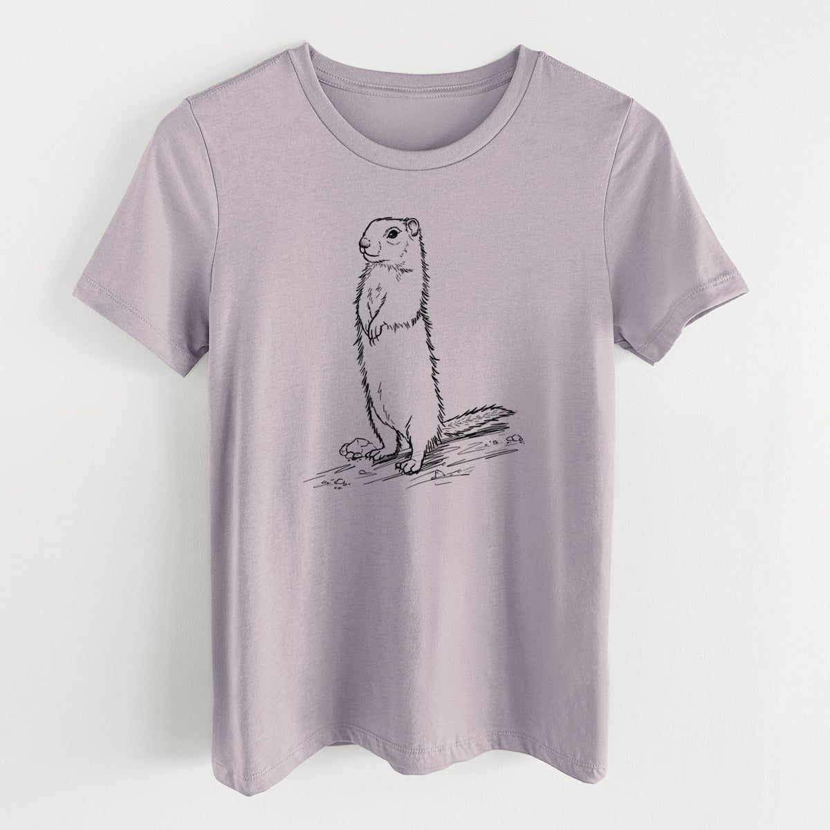Light violet women's relaxed fit cotton t-shirt laid flat, printed with a detailed black ink illustration of a Belding's ground squirrel standing upright.