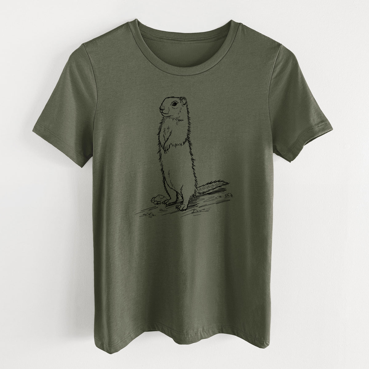 Military green women's relaxed fit cotton t-shirt laid flat, printed with a detailed black ink illustration of a Belding's ground squirrel standing upright.