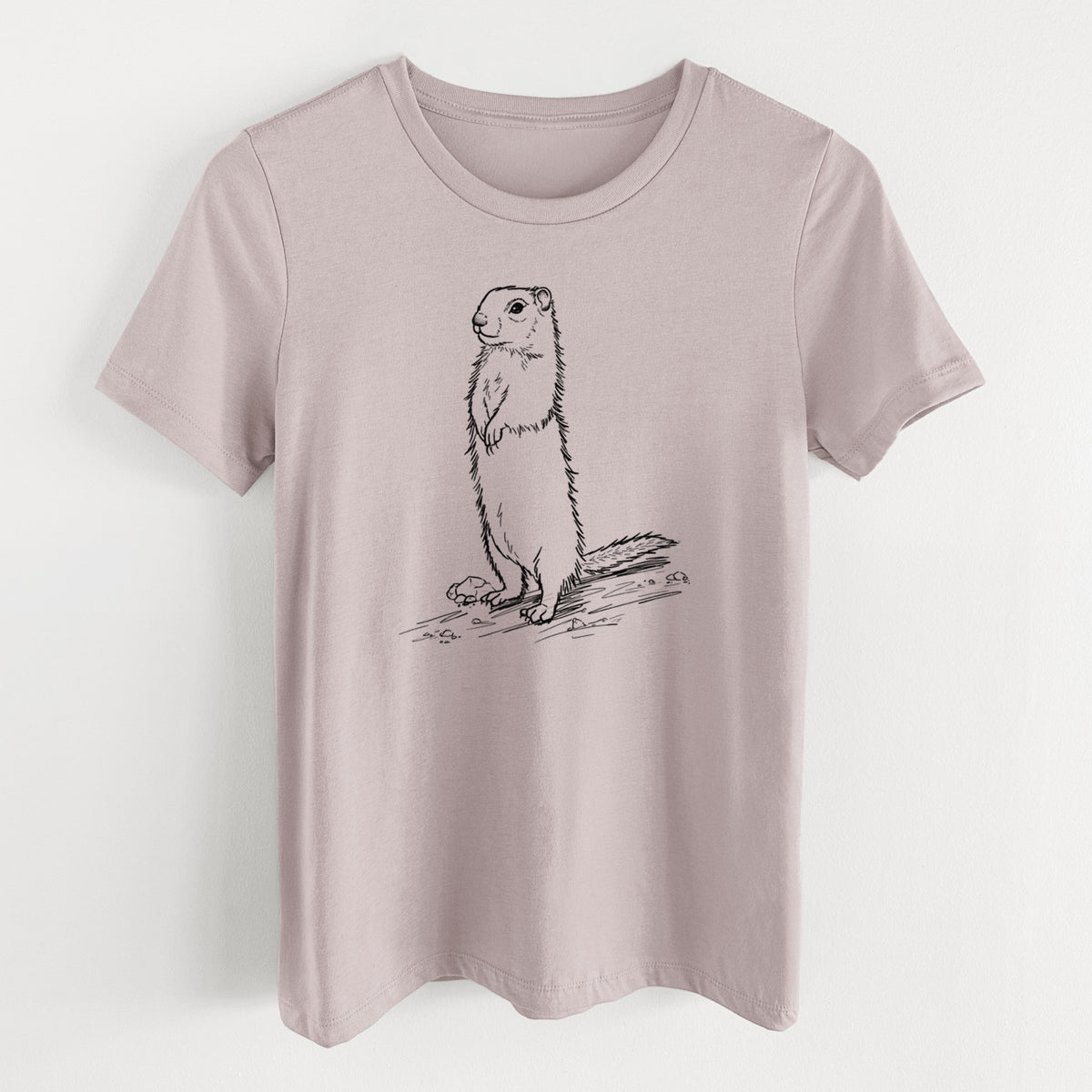 Pink gravel women's relaxed fit cotton t-shirt laid flat, printed with a detailed black ink illustration of a Belding's ground squirrel standing upright.