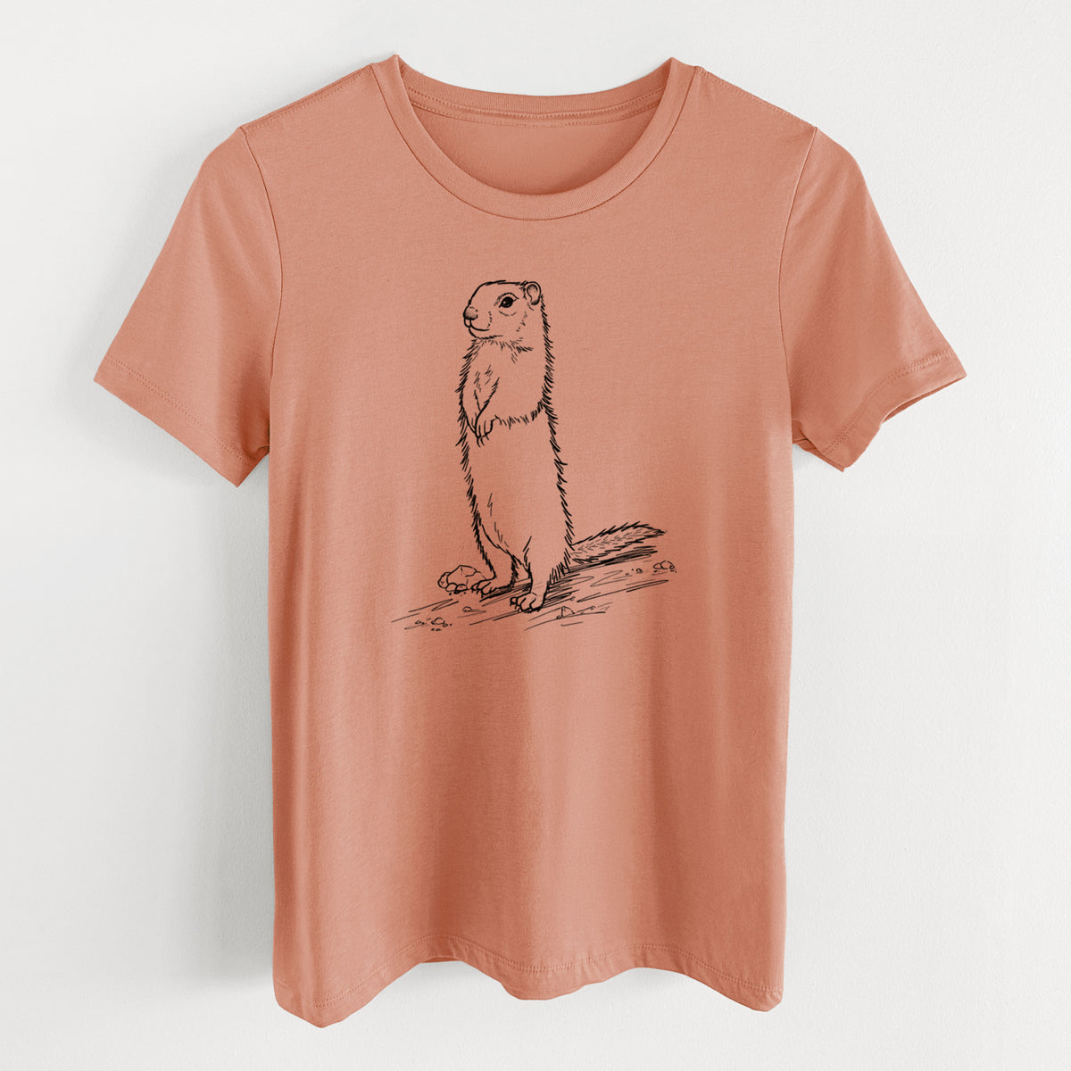 Terracotta orange women's relaxed fit cotton t-shirt laid flat, printed with a detailed black ink illustration of a Belding's ground squirrel standing upright.
