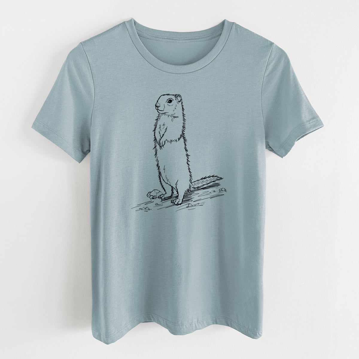 Vintage denim women's relaxed fit cotton t-shirt laid flat, printed with a detailed black ink illustration of a Belding's ground squirrel standing upright.