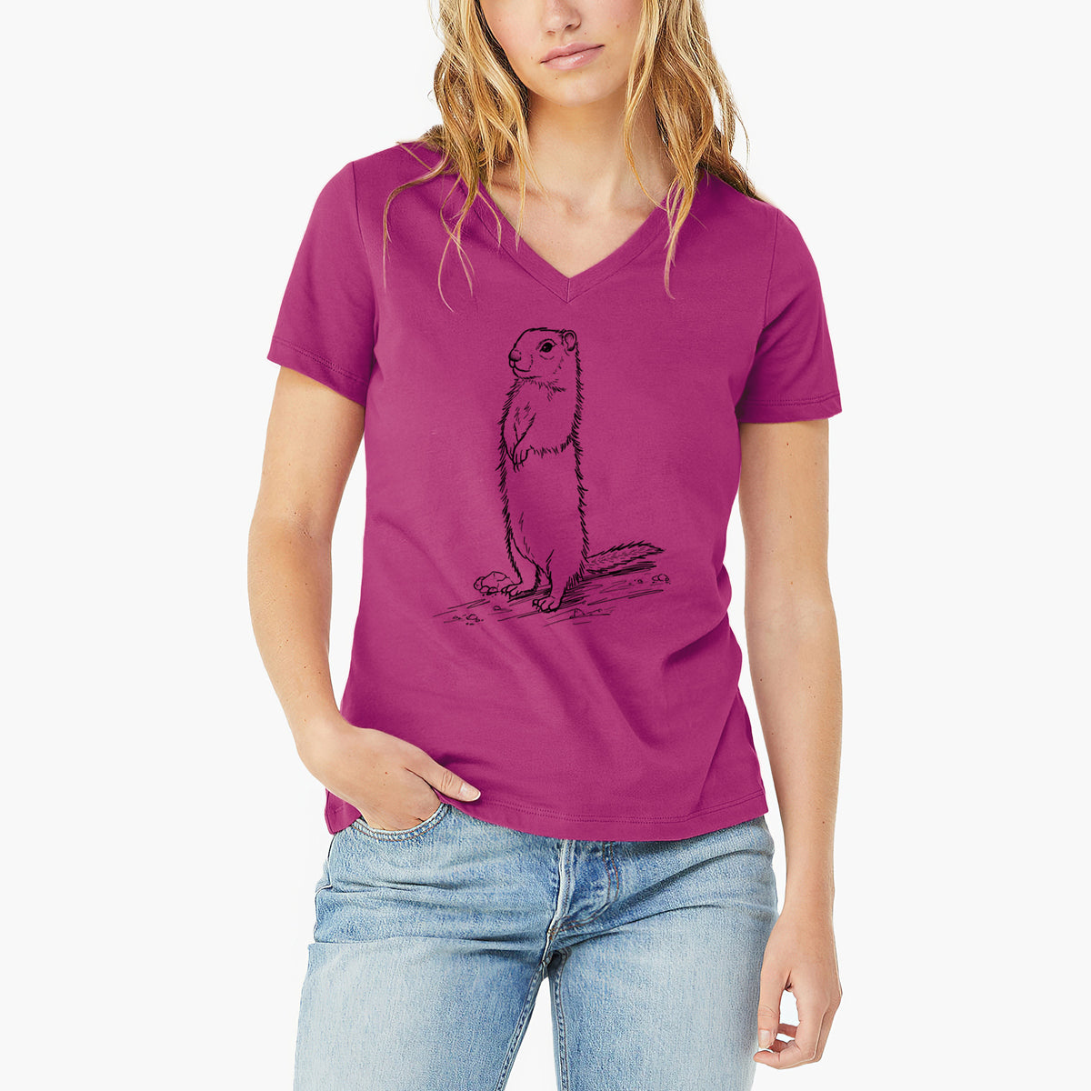 Woman wearing a berry pink women's relaxed fit cotton V-neck t-shirt printed with a detailed black ink illustration of a Belding's ground squirrel standing upright.