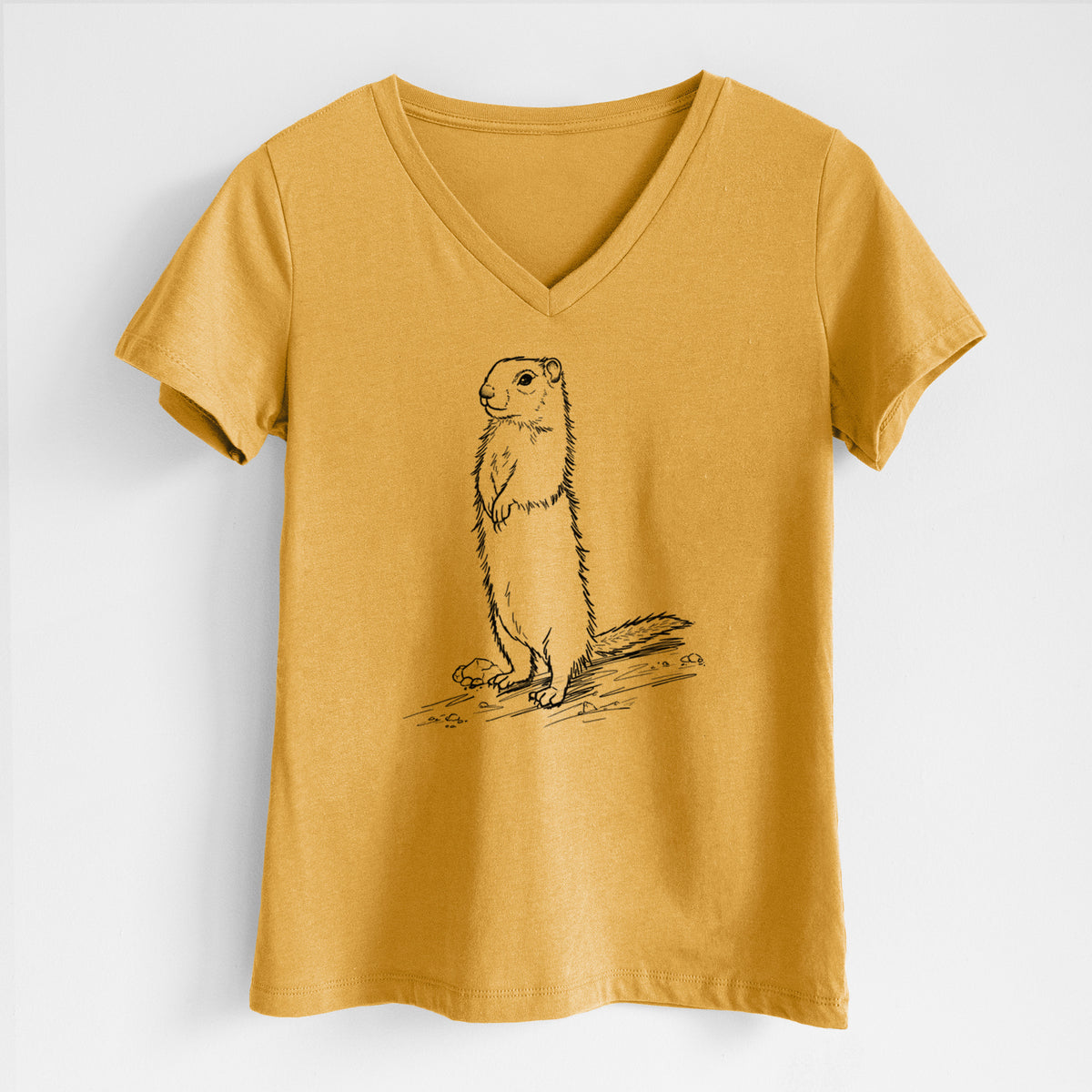 Honeycomb yellow women's relaxed fit cotton V-neck t-shirt laid flat, printed with a detailed black ink illustration of a Belding's ground squirrel standing upright.