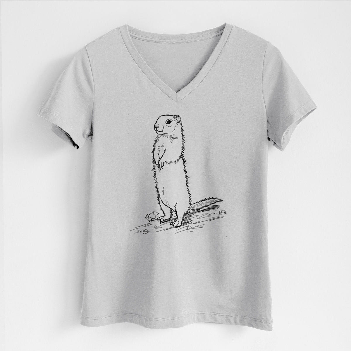 Lunar grey women's relaxed fit cotton V-neck t-shirt laid flat, printed with a detailed black ink illustration of a Belding's ground squirrel standing upright.