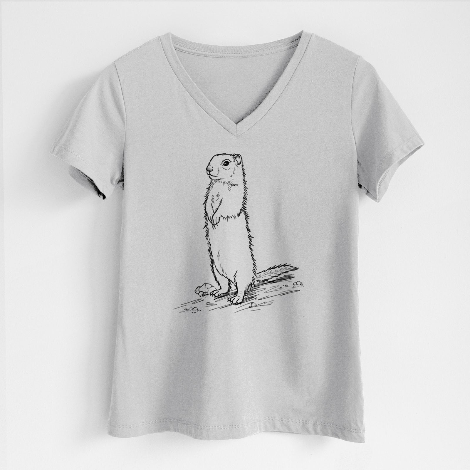 Lunar grey women's relaxed fit cotton V-neck t-shirt laid flat, printed with a detailed black ink illustration of a Belding's ground squirrel standing upright.