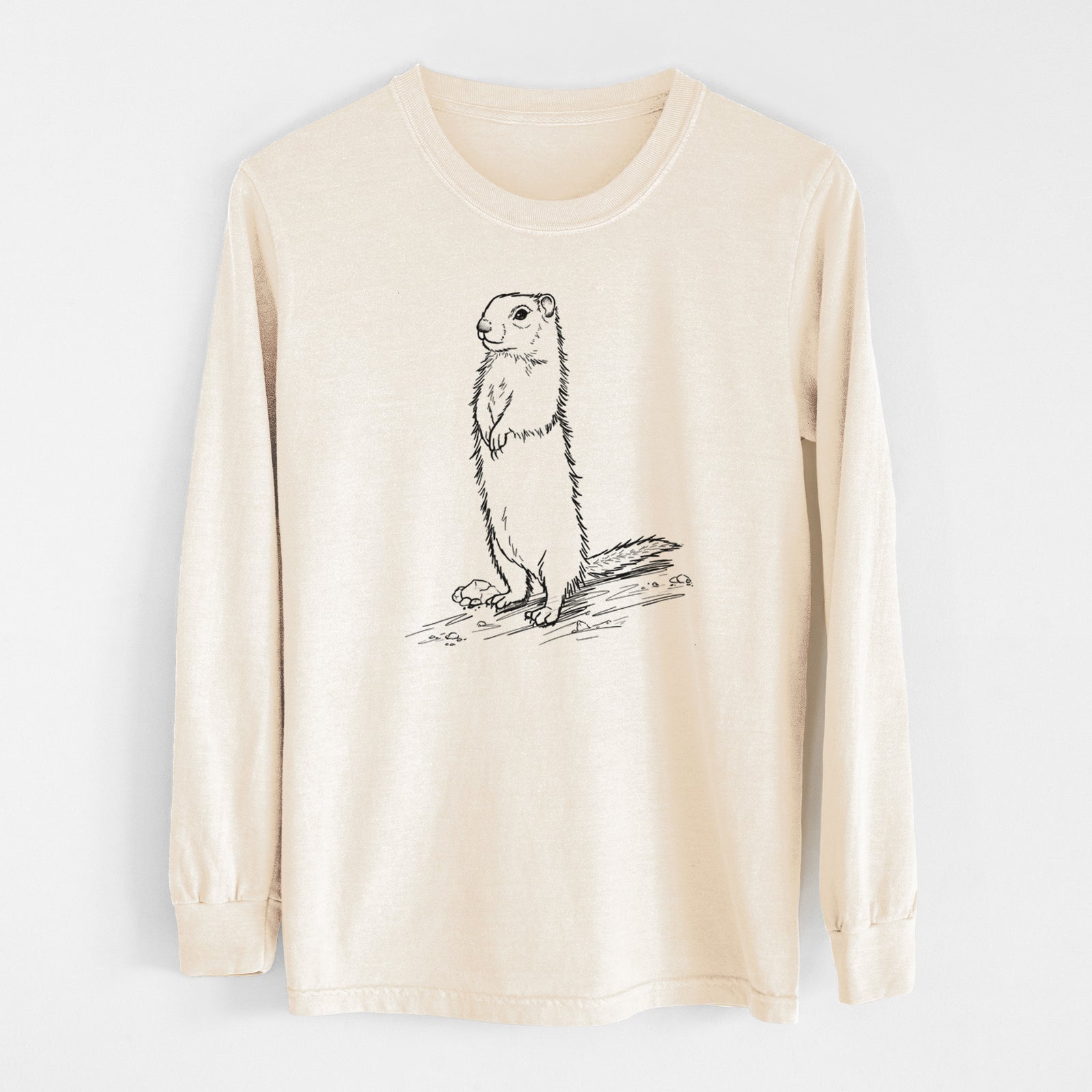 Ivory Comfort Colors long sleeve shirt laid flat, printed with a detailed black ink illustration of a Belding's ground squirrel standing upright.
