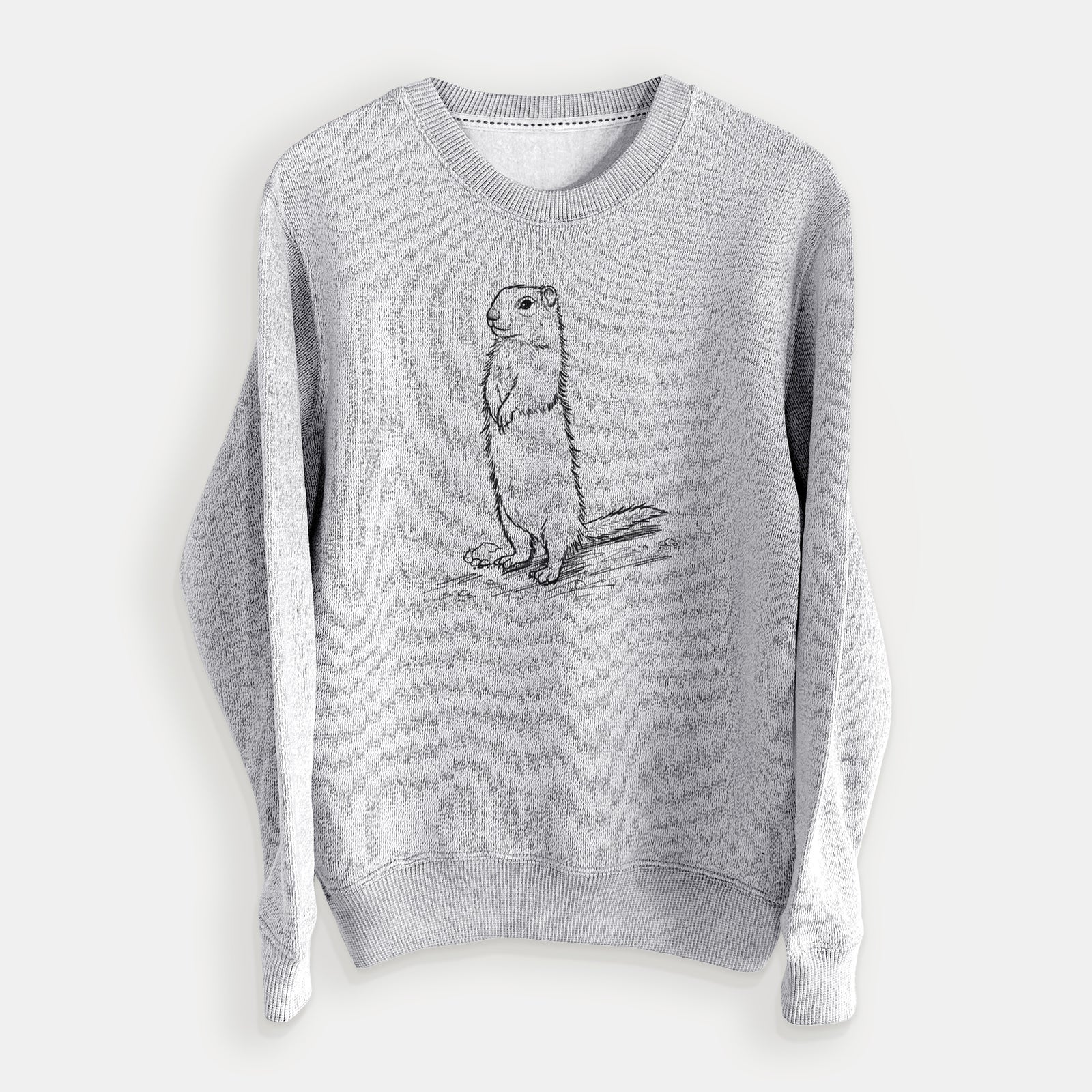 Salt and pepper knit sweatshirt laid flat, printed with a detailed black ink illustration of a Belding's ground squirrel standing upright.