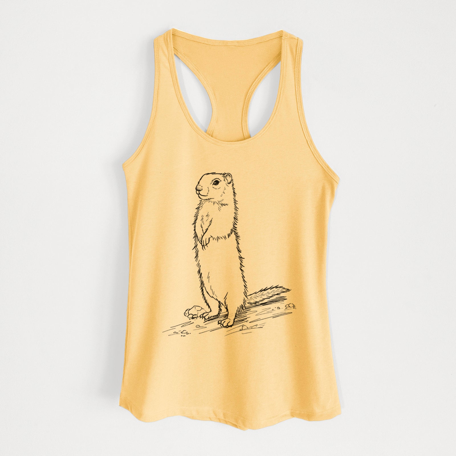 Banana cream women's racerback tank top laid flat, printed with a detailed black ink illustration of a Belding's ground squirrel standing upright.