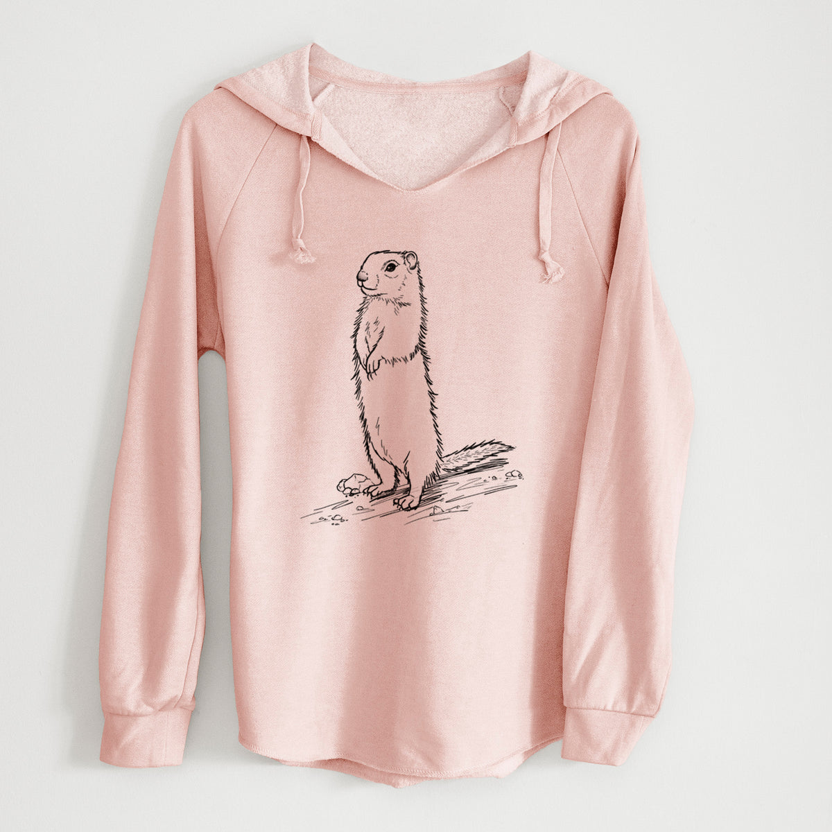 Blush pink women's Cali Wave hooded sweatshirt laid flat, printed with a detailed black ink illustration of a Belding's ground squirrel standing upright.