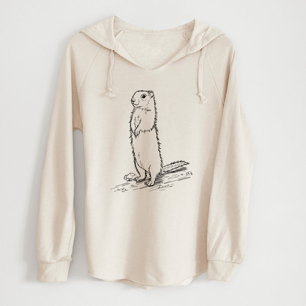 Bone cream women's Cali Wave hooded sweatshirt laid flat, printed with a detailed black ink illustration of a Belding's ground squirrel standing upright.