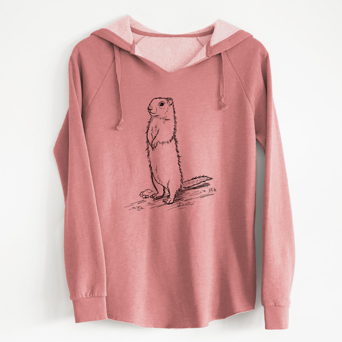 Dusty rose women's Cali Wave hooded sweatshirt laid flat, printed with a detailed black ink illustration of a Belding's ground squirrel standing upright.