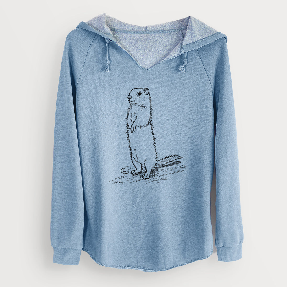 Misty blue women's Cali Wave hooded sweatshirt laid flat, printed with a detailed black ink illustration of a Belding's ground squirrel standing upright.