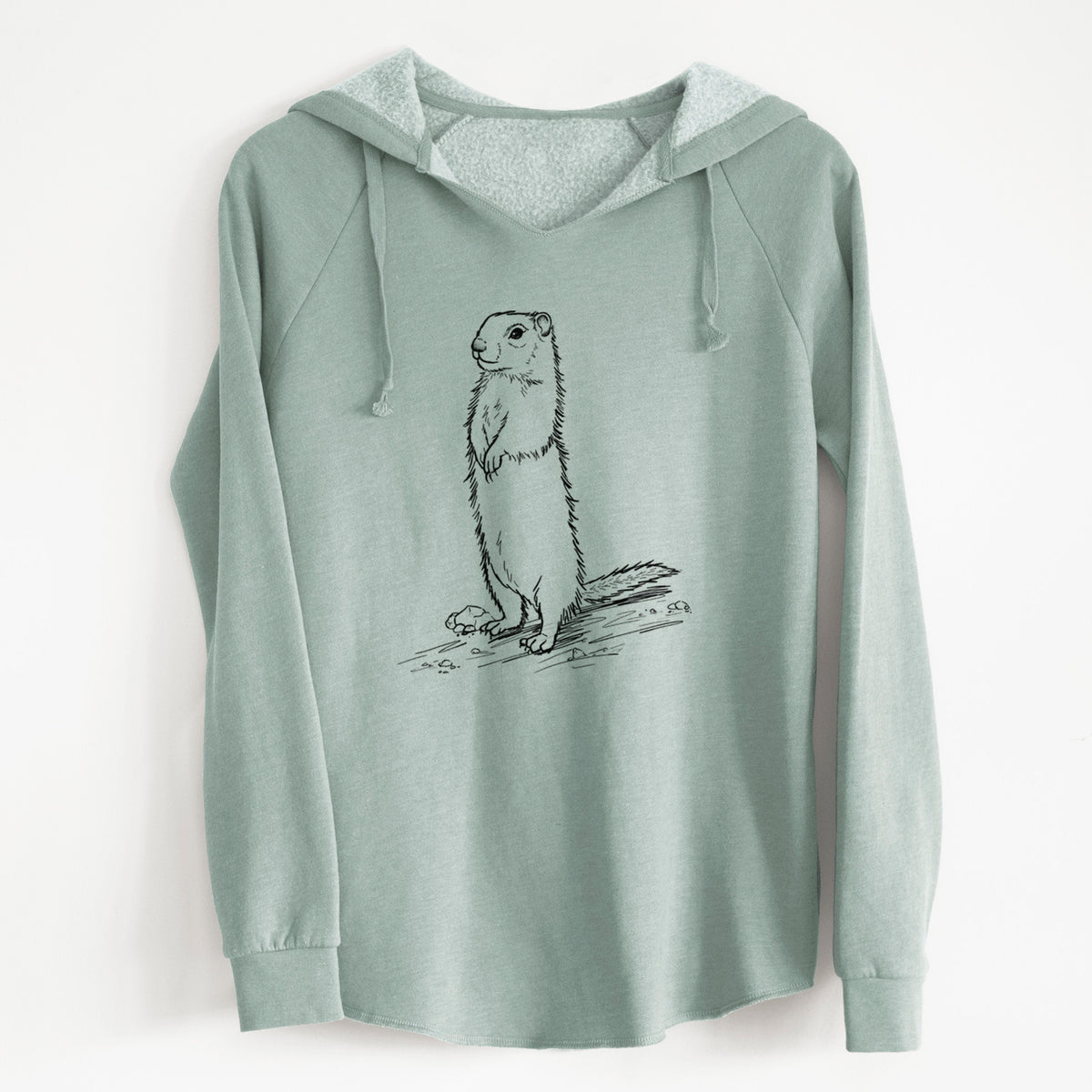 Sage green women's Cali Wave hooded sweatshirt laid flat, printed with a detailed black ink illustration of a Belding's ground squirrel standing upright.
