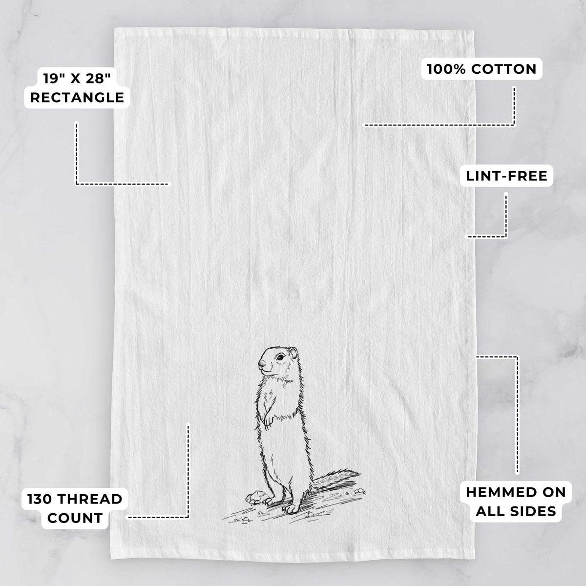 White tea towel printed with a detailed black ink illustration of a Belding's ground squirrel standing upright, with feature labels: 19 by 28 inch rectangle, 100% cotton, lint-free, 130 thread count, hemmed on all sides.