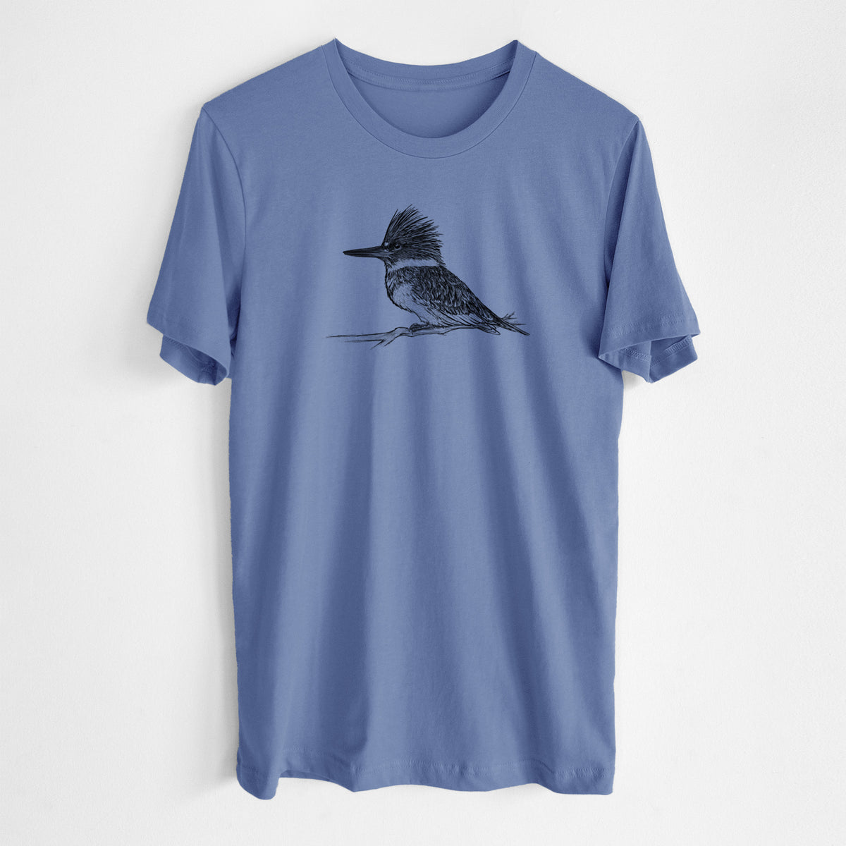 Blue bell lightweight cotton t-shirt laid flat, printed with a detailed black ink sketch of a belted kingfisher perched on a branch.