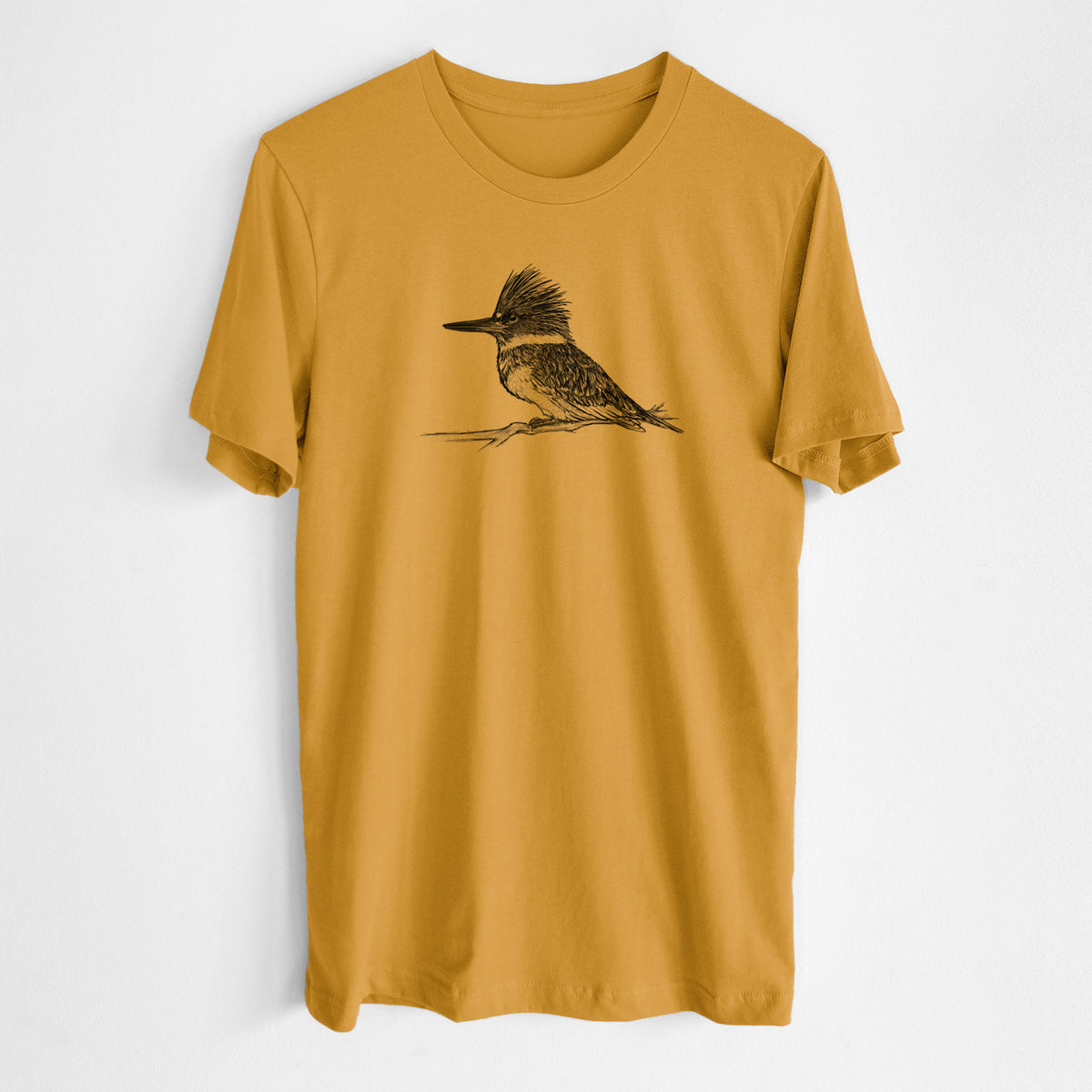 Honeycomb yellow lightweight cotton t-shirt laid flat, printed with a detailed black ink sketch of a belted kingfisher perched on a branch.