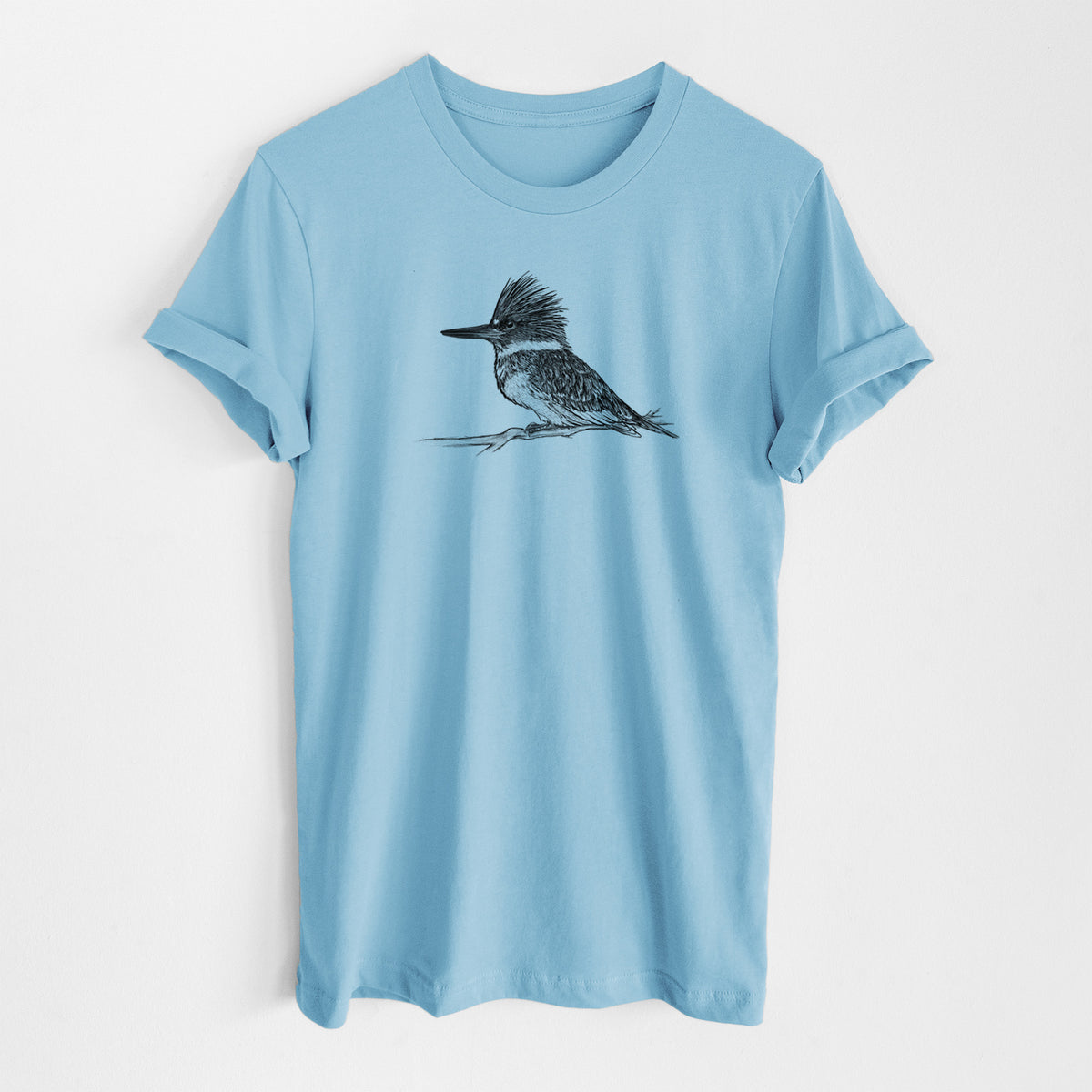 Ocean blue lightweight cotton t-shirt laid flat, printed with a detailed black ink sketch of a belted kingfisher perched on a branch.