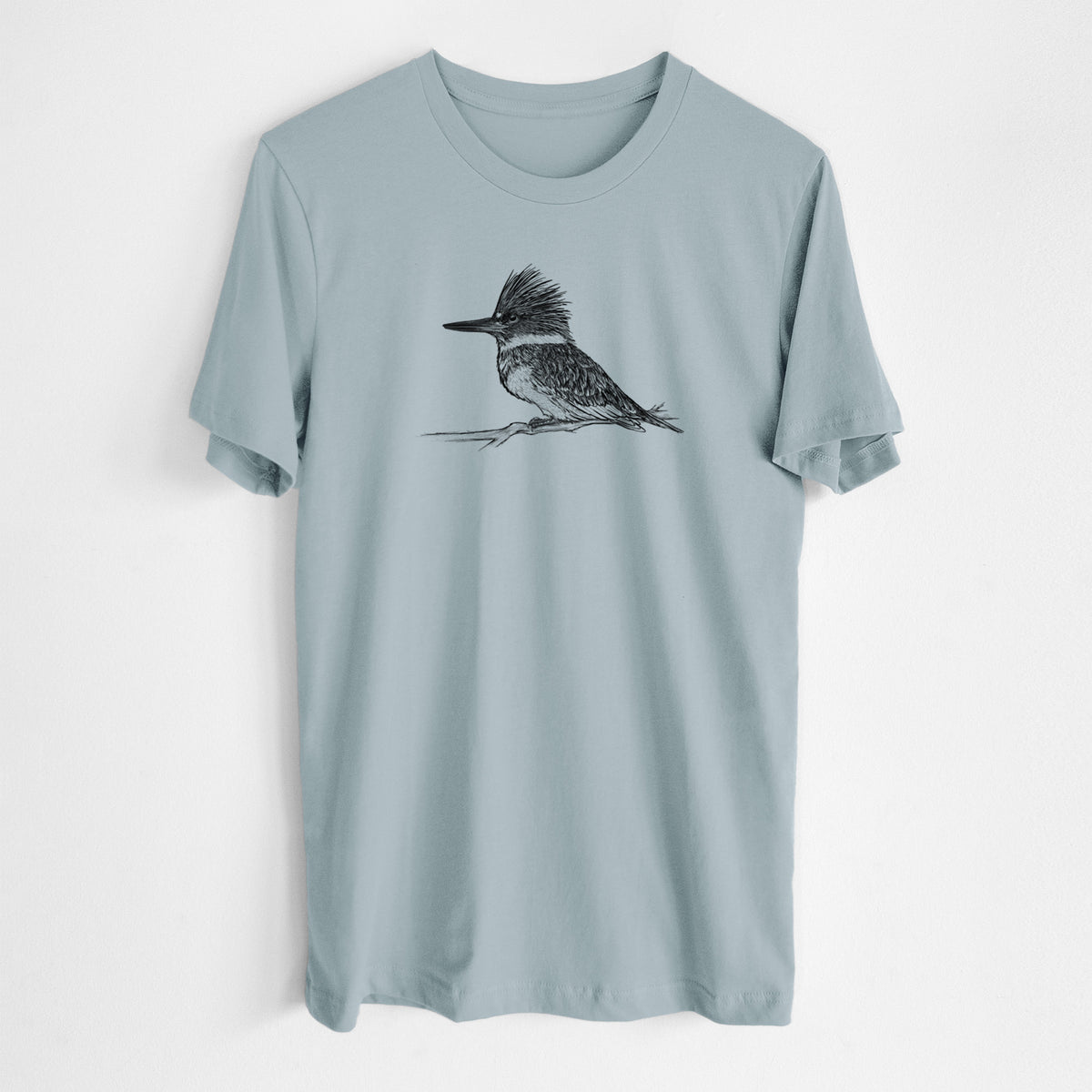 Vintage denim lightweight cotton t-shirt laid flat, printed with a detailed black ink sketch of a belted kingfisher perched on a branch.