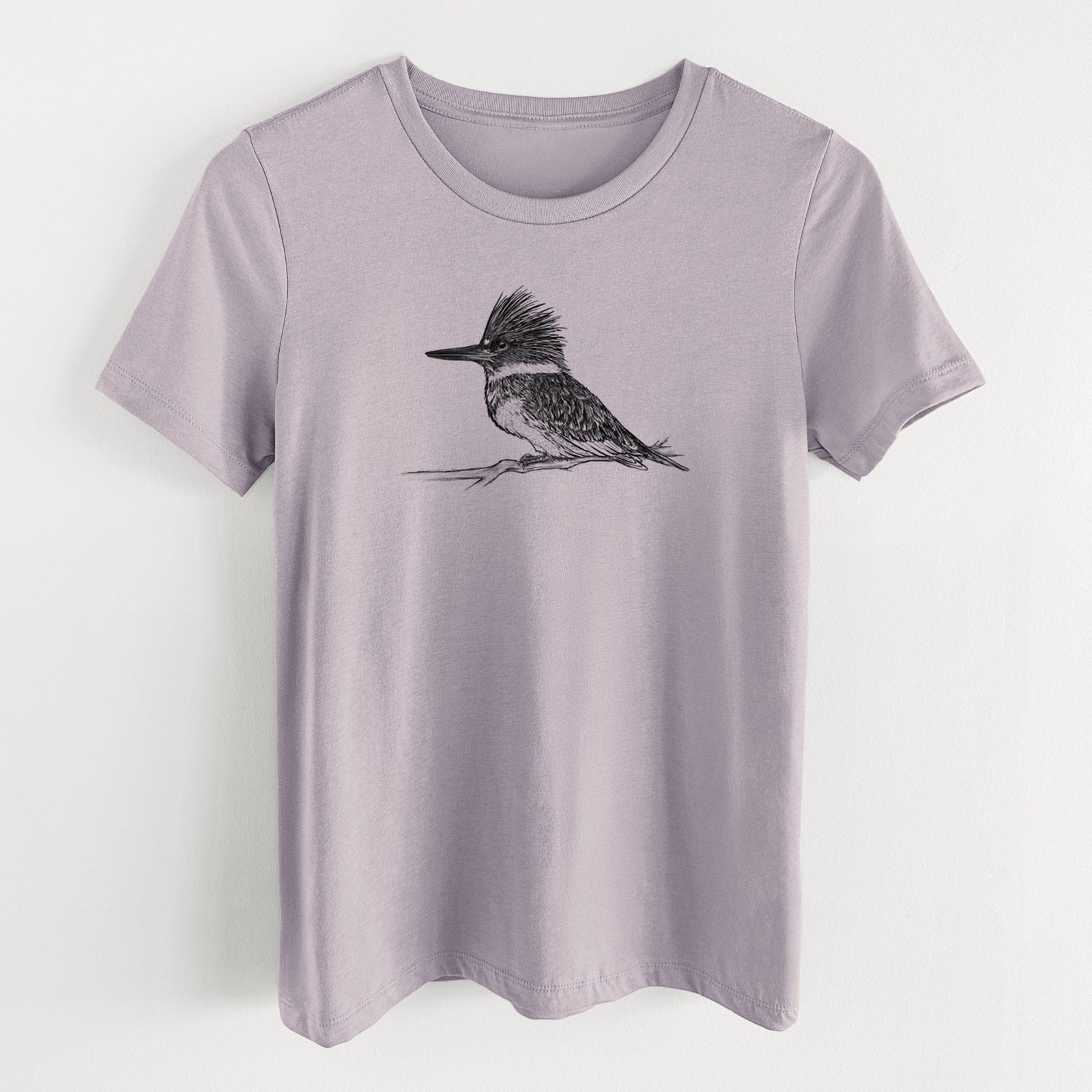Light violet women's relaxed fit cotton t-shirt laid flat, printed with a detailed black ink sketch of a belted kingfisher perched on a branch.