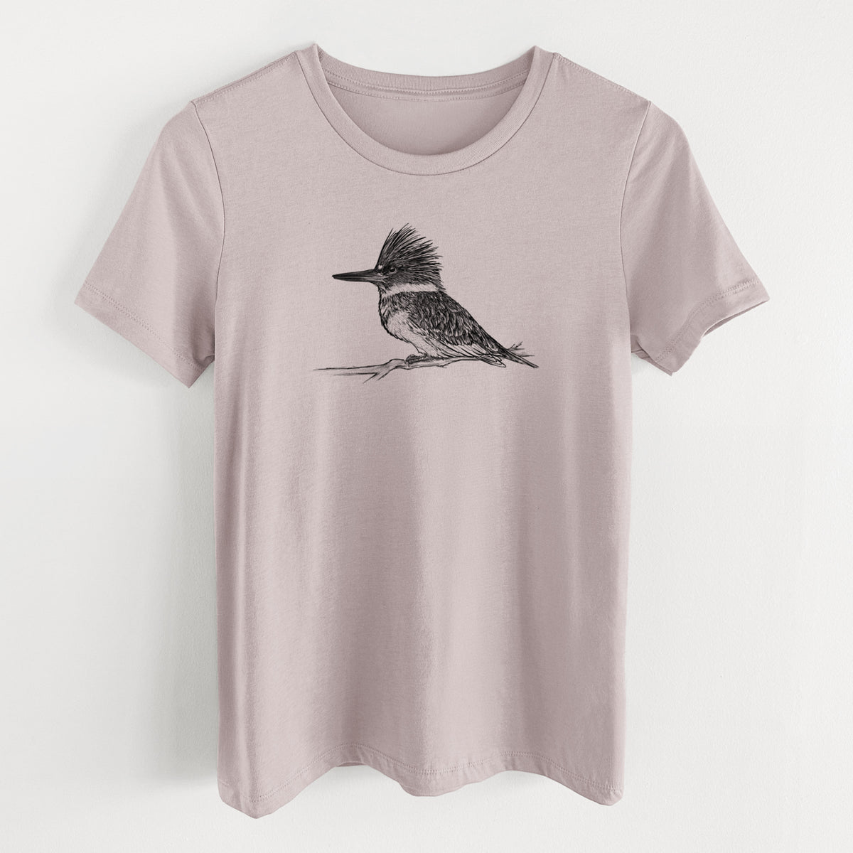 Pink gravel women's relaxed fit cotton t-shirt laid flat, printed with a detailed black ink sketch of a belted kingfisher perched on a branch.
