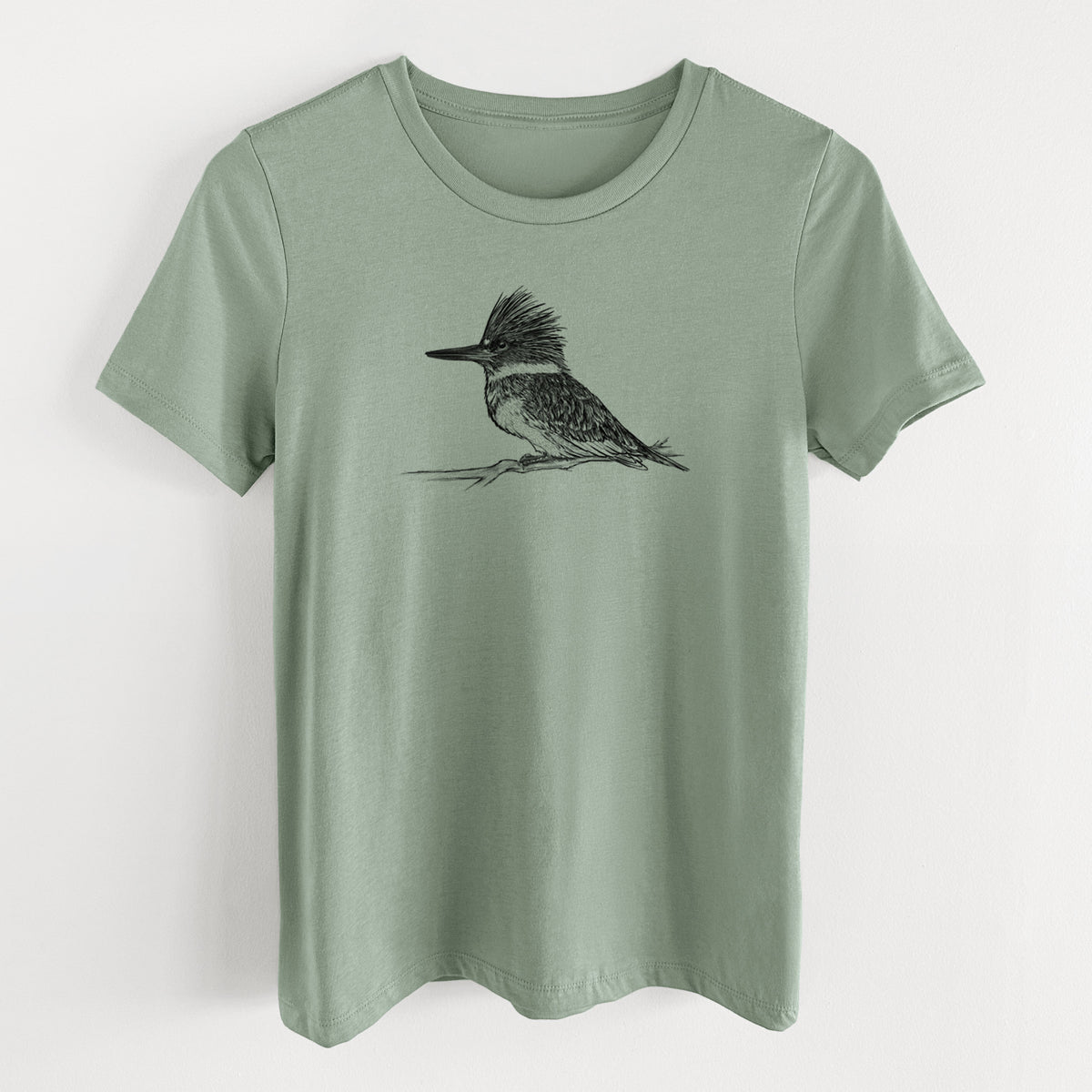 Sage green women's relaxed fit cotton t-shirt laid flat, printed with a detailed black ink sketch of a belted kingfisher perched on a branch.
