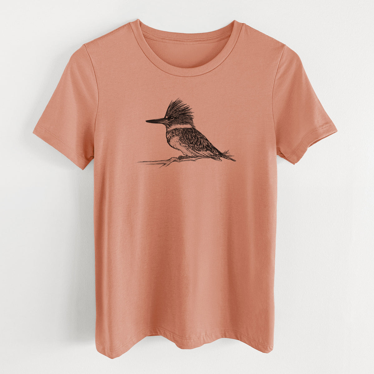 Terracotta orange women's relaxed fit cotton t-shirt laid flat, printed with a detailed black ink sketch of a belted kingfisher perched on a branch.