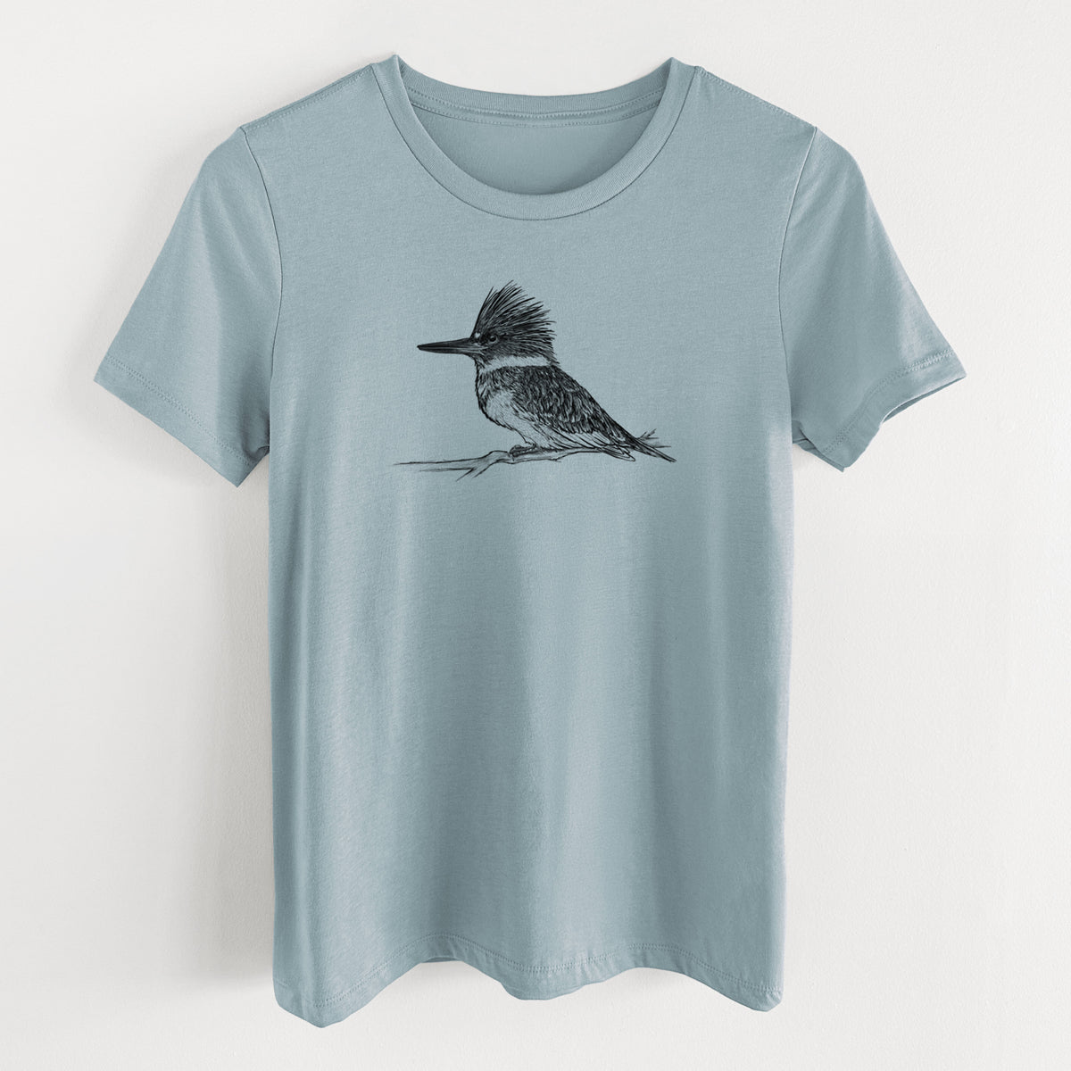 Vintage denim women's relaxed fit cotton t-shirt laid flat, printed with a detailed black ink sketch of a belted kingfisher perched on a branch.