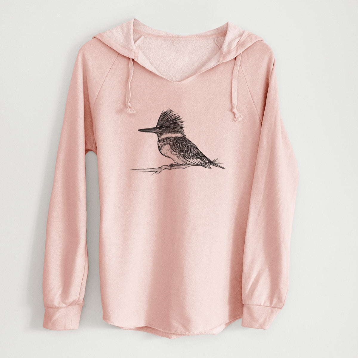 Blush pink women's Cali Wave hooded sweatshirt laid flat, printed with a detailed black ink sketch of a belted kingfisher perched on a branch.