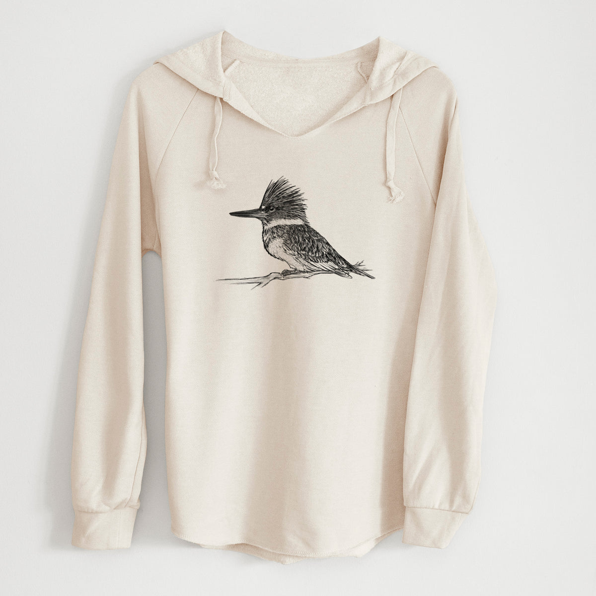 Bone cream women's Cali Wave hooded sweatshirt laid flat, printed with a detailed black ink sketch of a belted kingfisher perched on a branch.