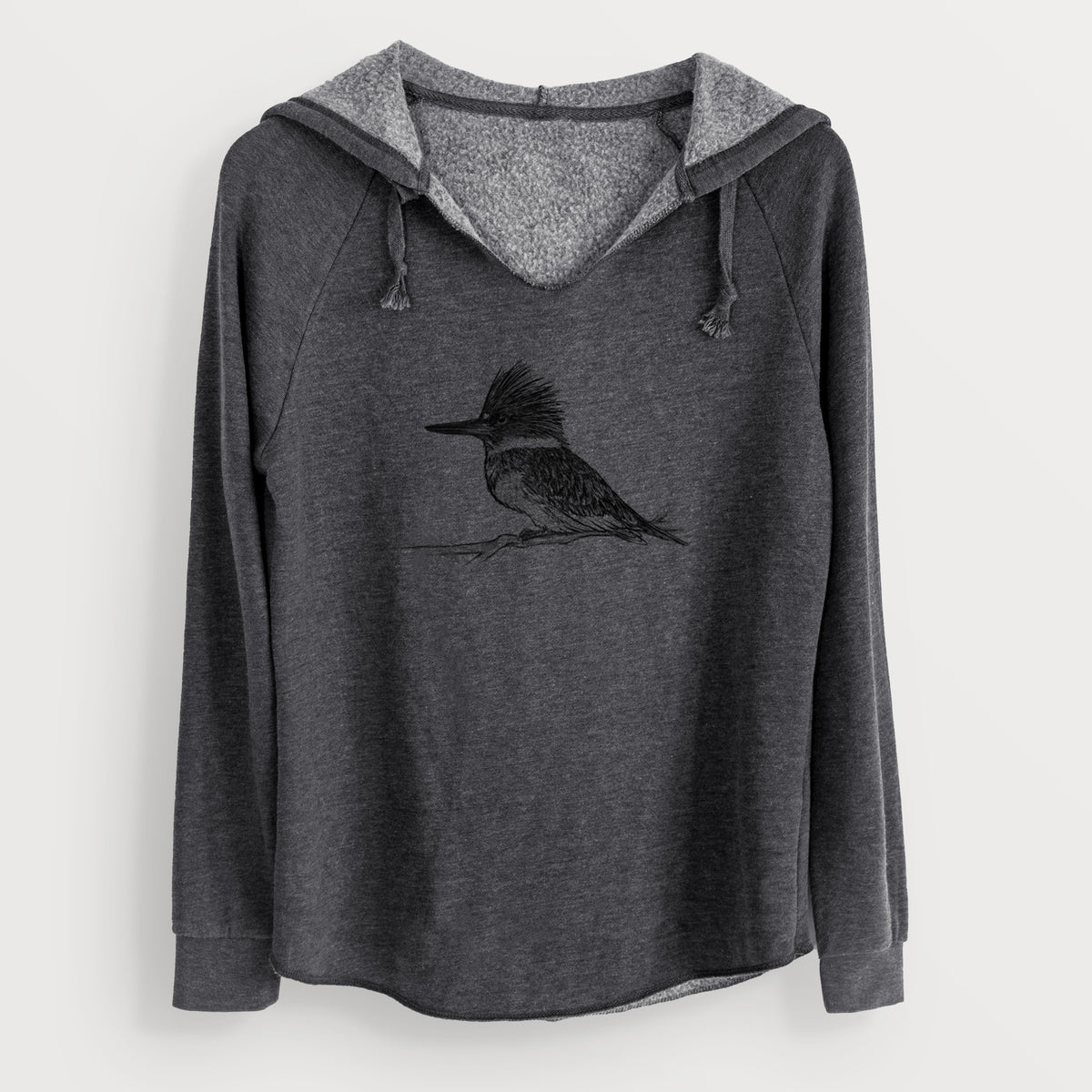 Charcoal grey women's Cali Wave hooded sweatshirt laid flat, printed with a detailed black ink sketch of a belted kingfisher perched on a branch.
