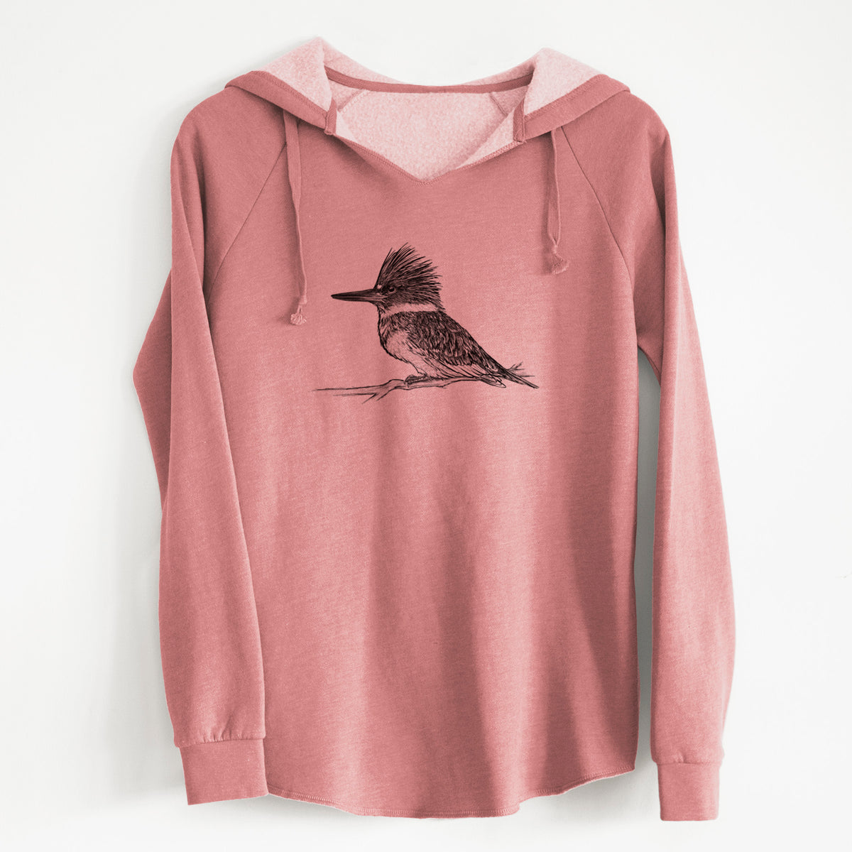 Dusty rose women's Cali Wave hooded sweatshirt laid flat, printed with a detailed black ink sketch of a belted kingfisher perched on a branch.