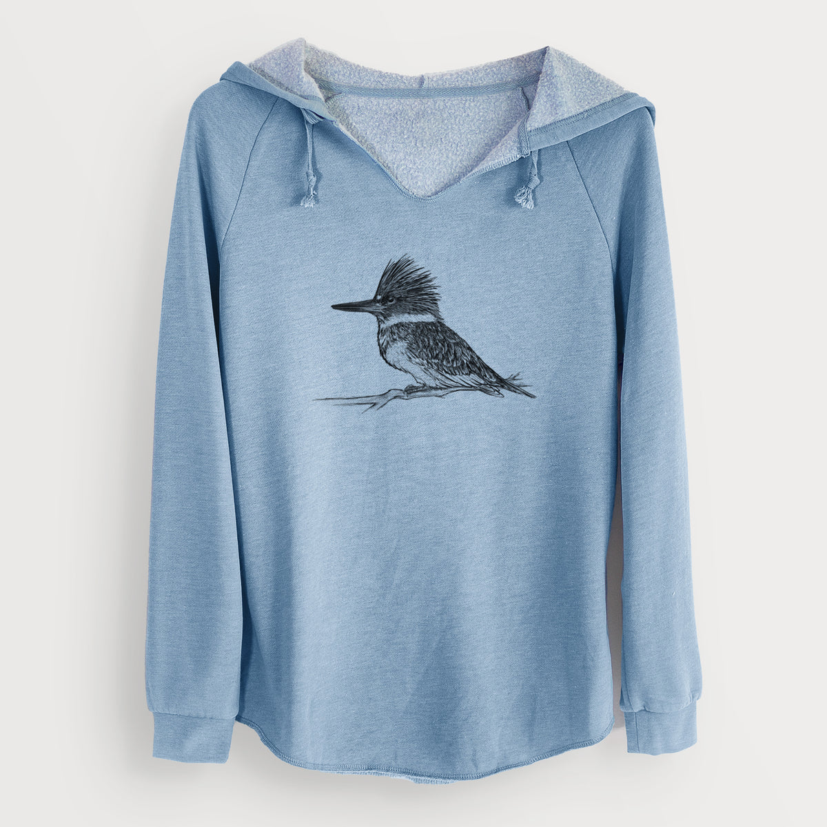 Misty blue women's Cali Wave hooded sweatshirt laid flat, printed with a detailed black ink sketch of a belted kingfisher perched on a branch.