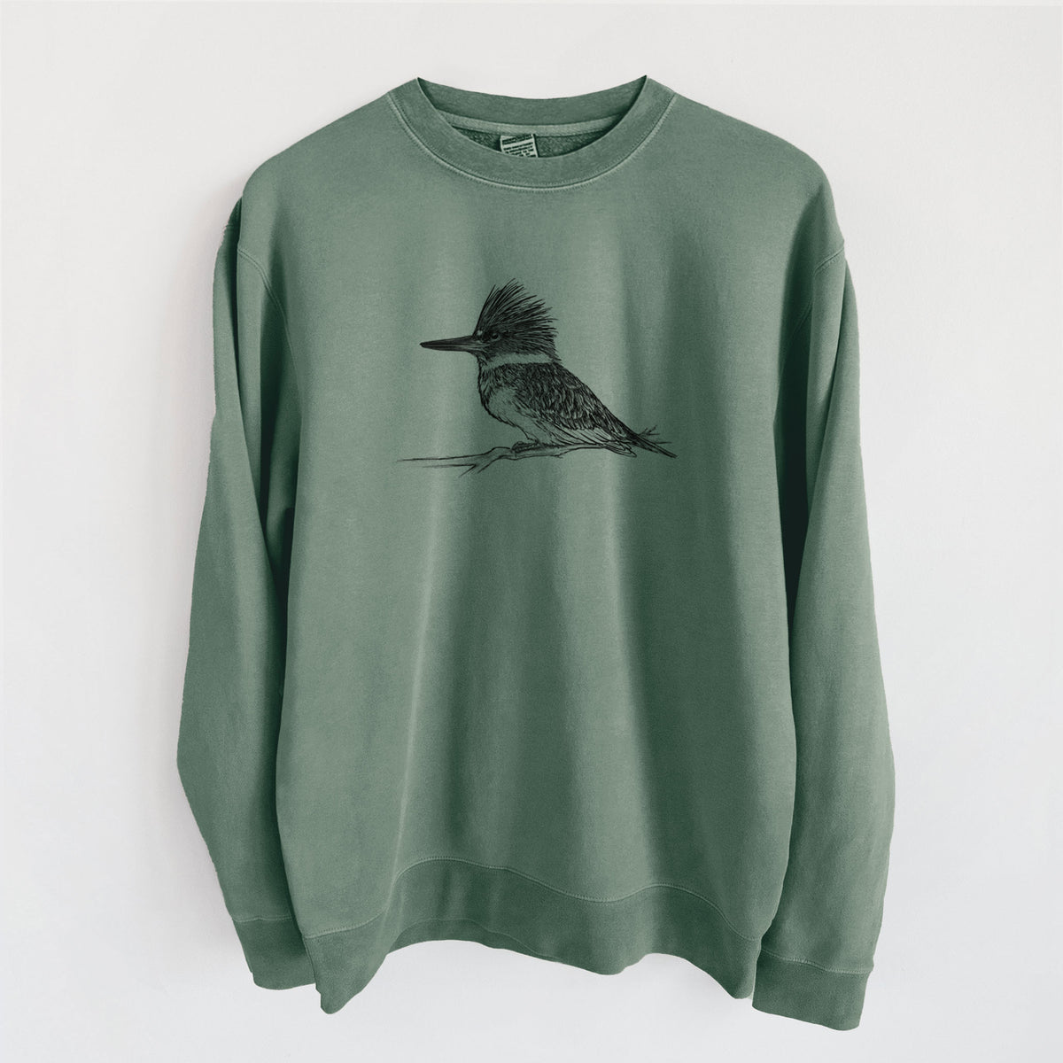 Belted Kingfisher - Megaceryle alcyon - Unisex Pigment Dyed Crew Sweatshirt in Alpine Green