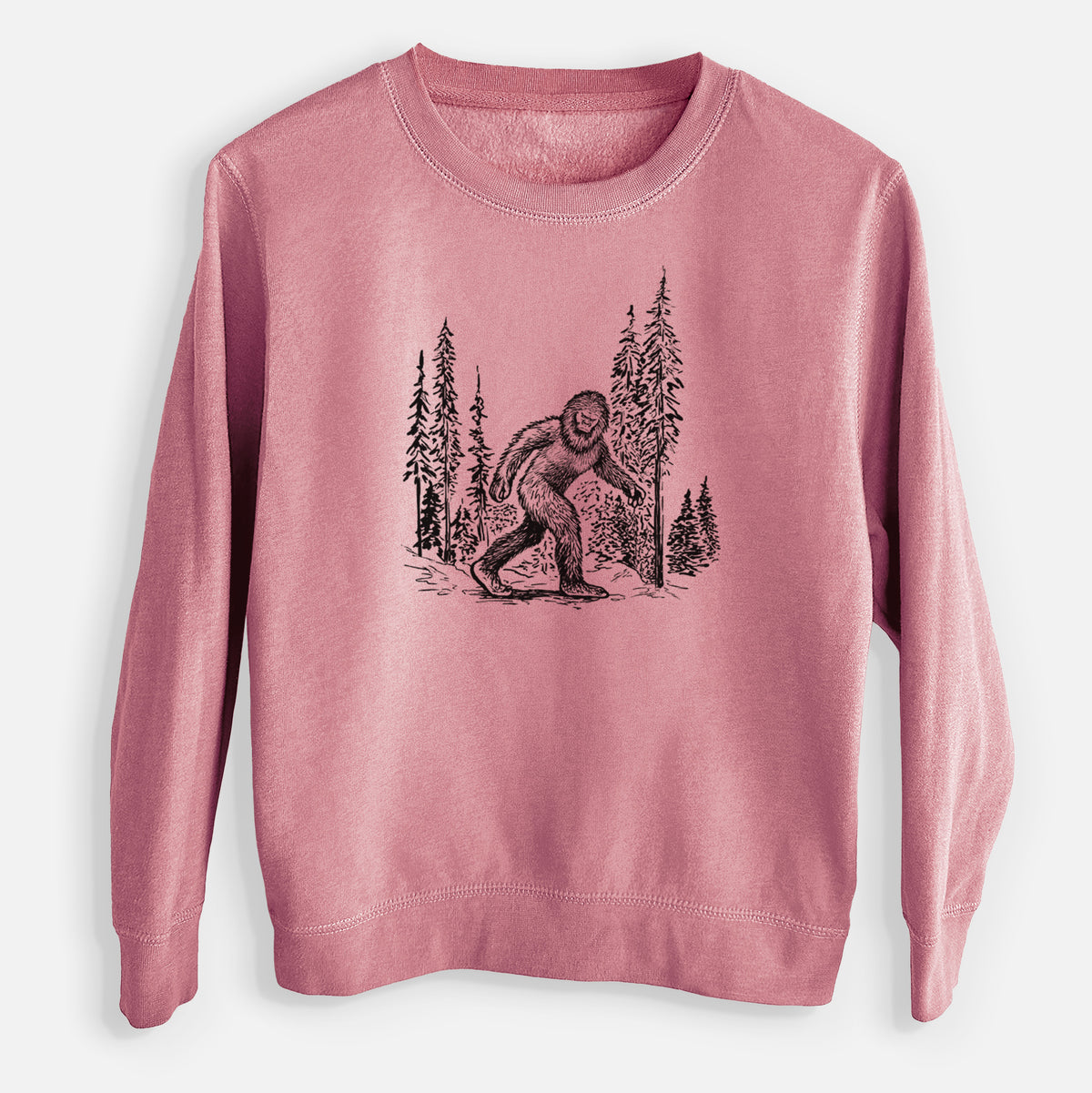 Mauve pink youth crewneck sweatshirt laid flat, printed with a black ink illustration of Bigfoot walking through a pine forest.