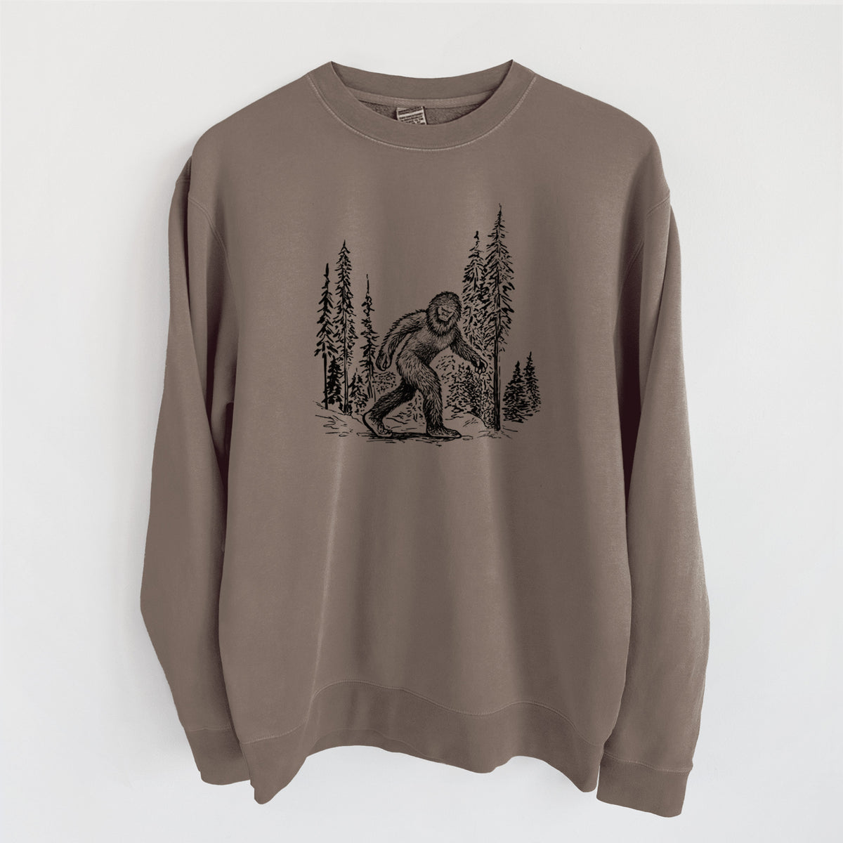 Bigfoot in the Woods - Unisex Pigment Dyed Crew Sweatshirt in Espresso Brown Color