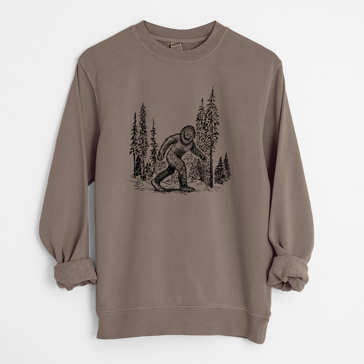 Bigfoot in the Woods - Unisex Pigment Dyed Crew Sweatshirt in Espresso Brown Color
