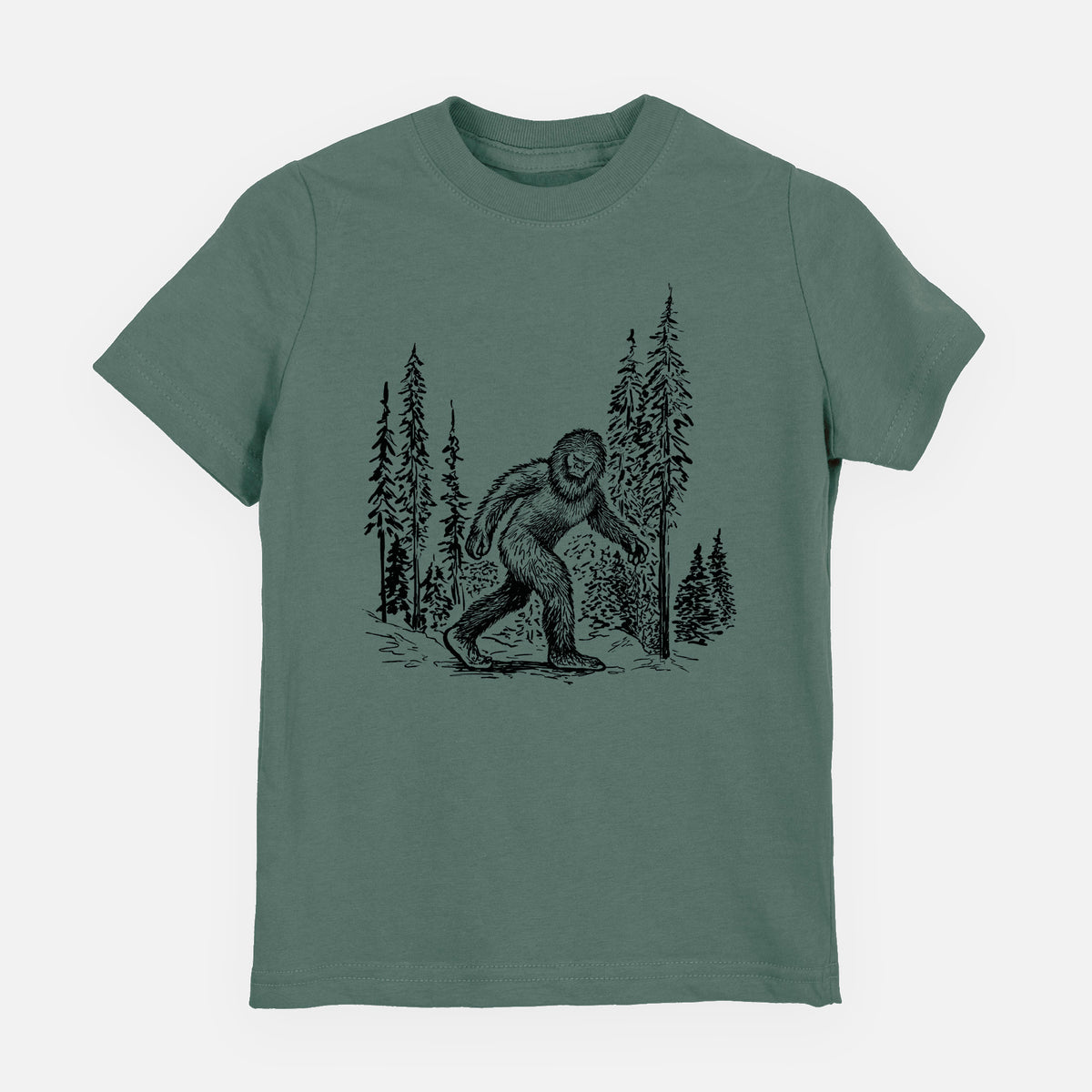 Basil green youth t-shirt laid flat, printed with a black ink illustration of Bigfoot walking through a pine forest.