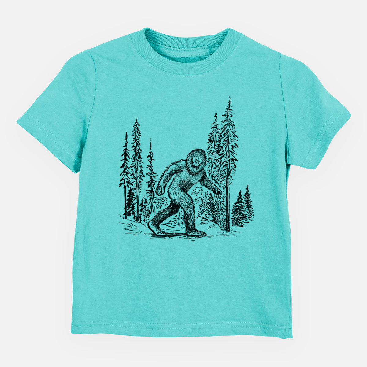 Caribbean blue toddler t-shirt laid flat, printed with a black ink illustration of Bigfoot walking through a pine forest.