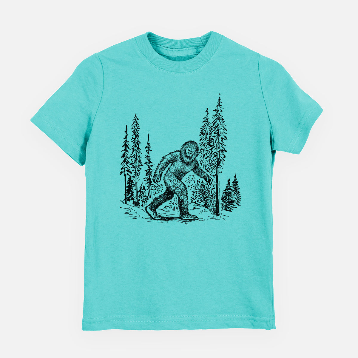 Caribbean blue youth t-shirt laid flat, printed with a black ink illustration of Bigfoot walking through a pine forest.