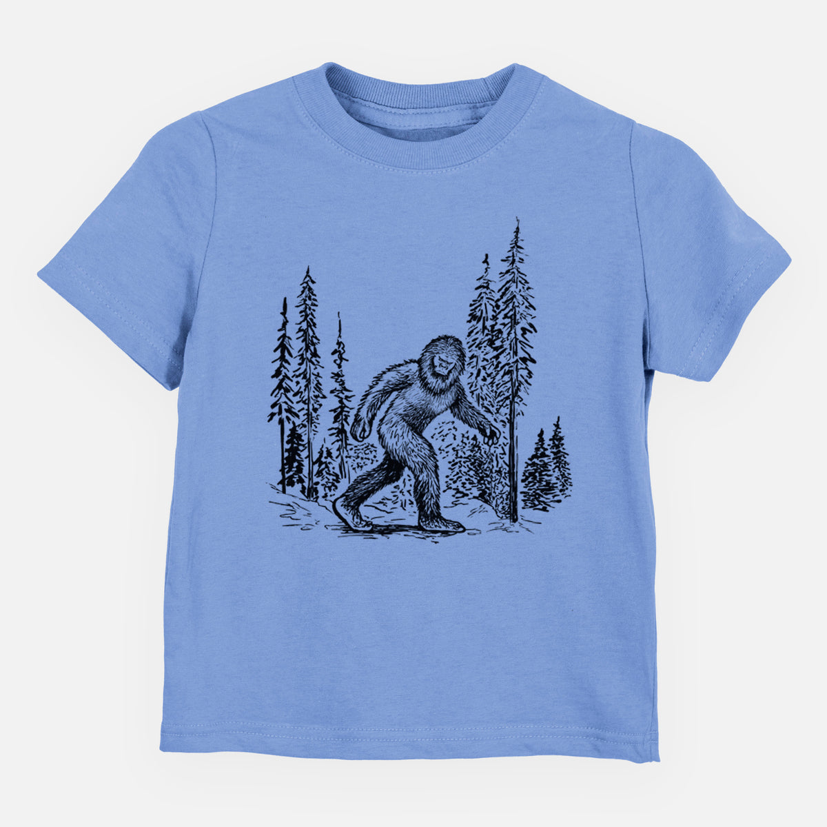 Carolina blue toddler t-shirt laid flat, printed with a black ink illustration of Bigfoot walking through a pine forest.