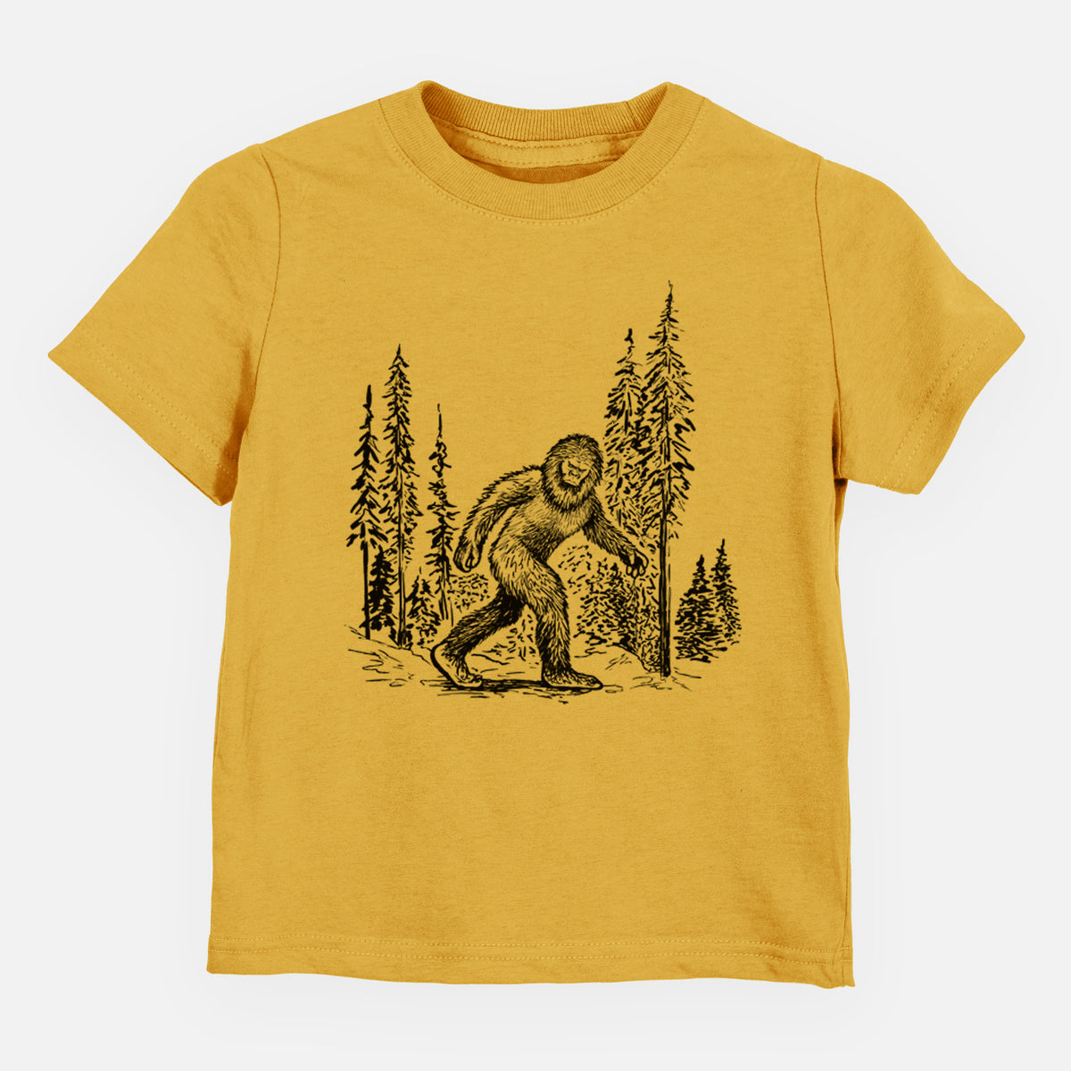 Honeycomb yellow toddler t-shirt laid flat, printed with a black ink illustration of Bigfoot walking through a pine forest.