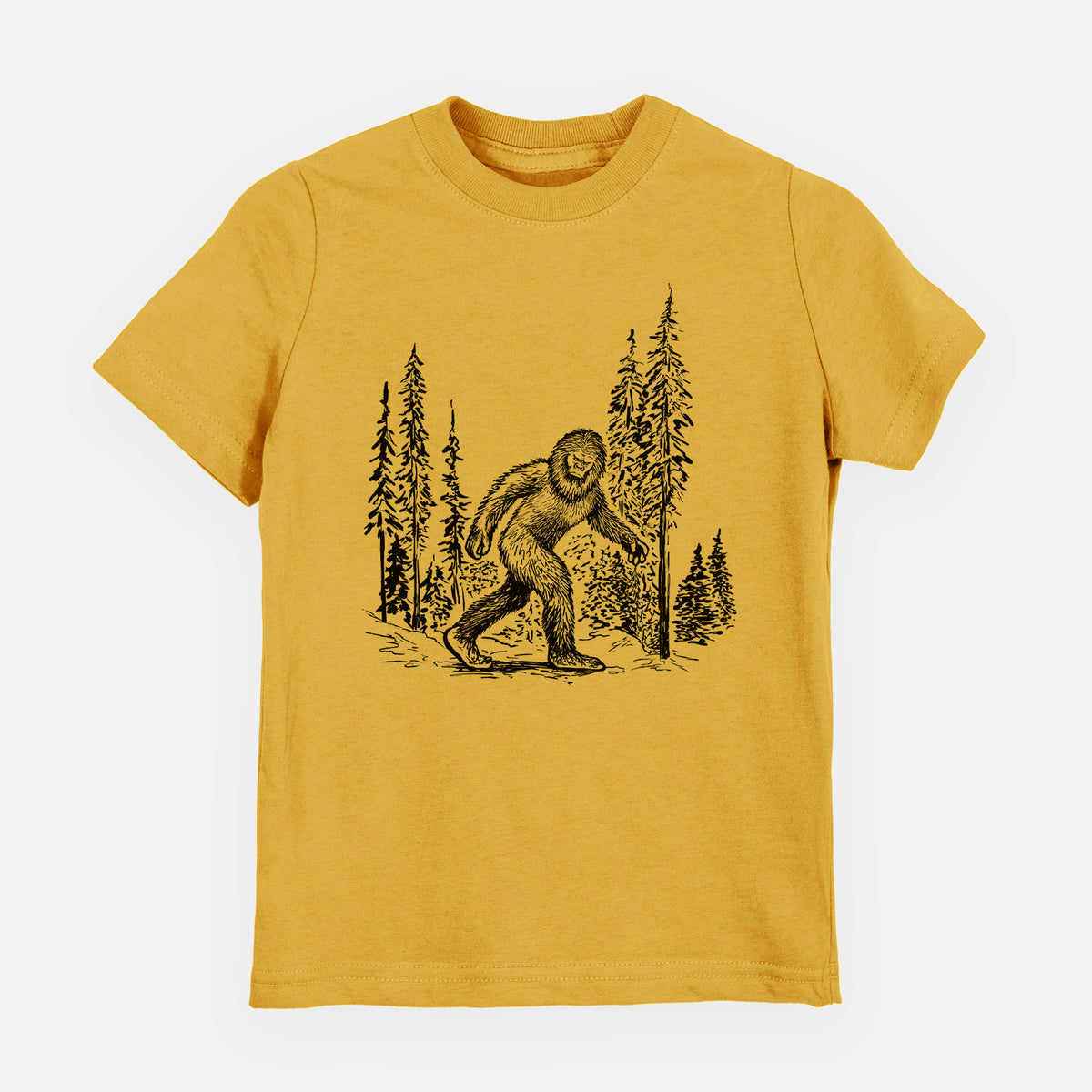 Honeycomb yellow youth t-shirt laid flat, printed with a black ink illustration of Bigfoot walking through a pine forest.