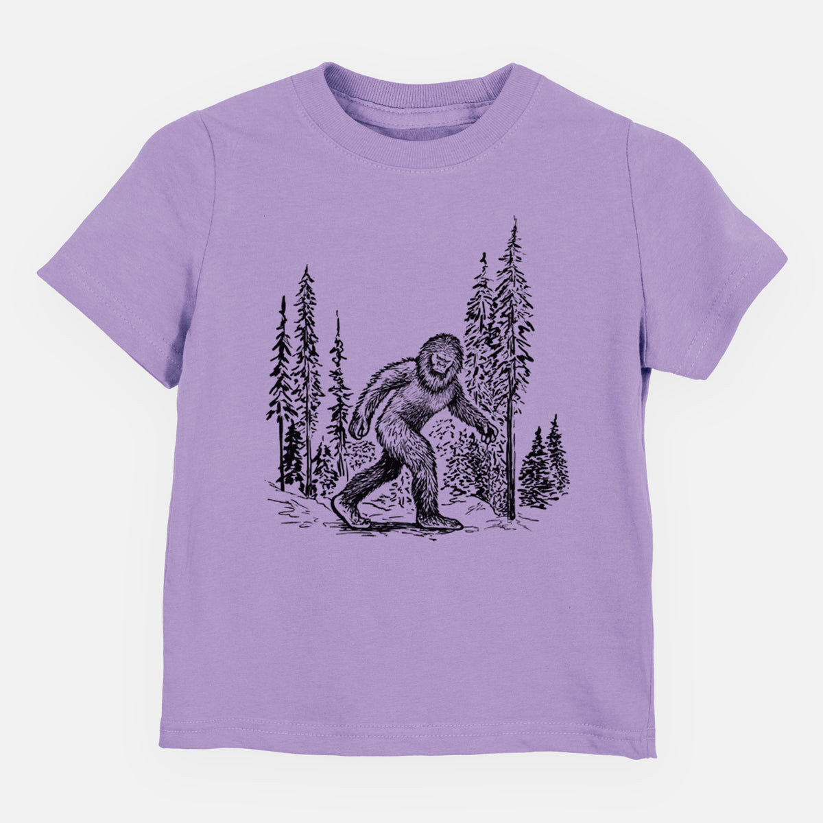 Lavender toddler t-shirt laid flat, printed with a black ink illustration of Bigfoot walking through a pine forest.