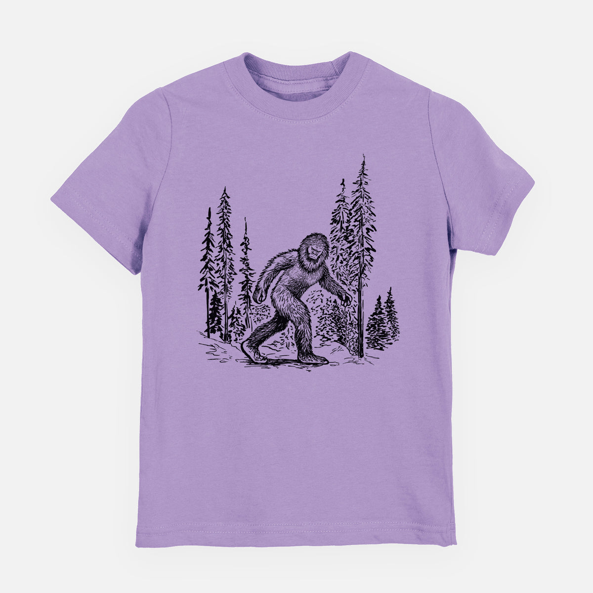 Lavender youth t-shirt laid flat, printed with a black ink illustration of Bigfoot walking through a pine forest.